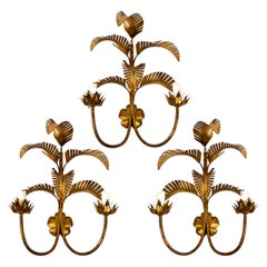 Set of 3 Hollywood Regency Gold Palm Wall Lights Vintage Sconces, Italy 1970s