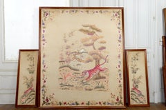 Set of 3 Indochinese Silk Embroidered Tapestries Tigers and Axis Deers, 1930's