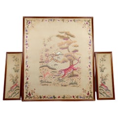 Set of 3 Indochinese Silk Embroidered Tapestries Tigers and Axis Deers, 1930's