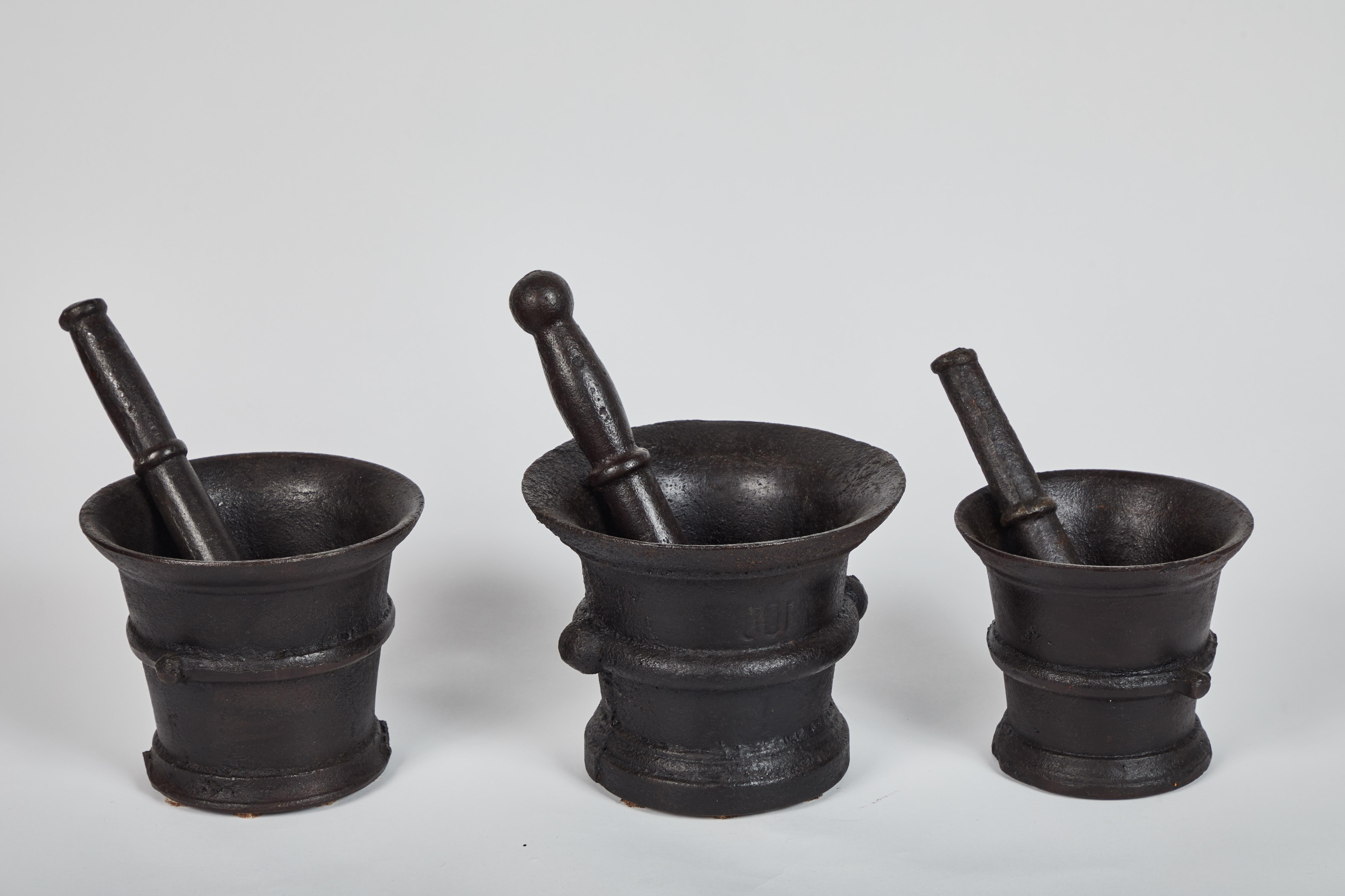 Rustic Set of 3 Indonesian Cast Iron Mortar and Pestle