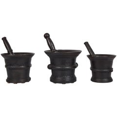 Set of 3 Indonesian Cast Iron Mortar and Pestle