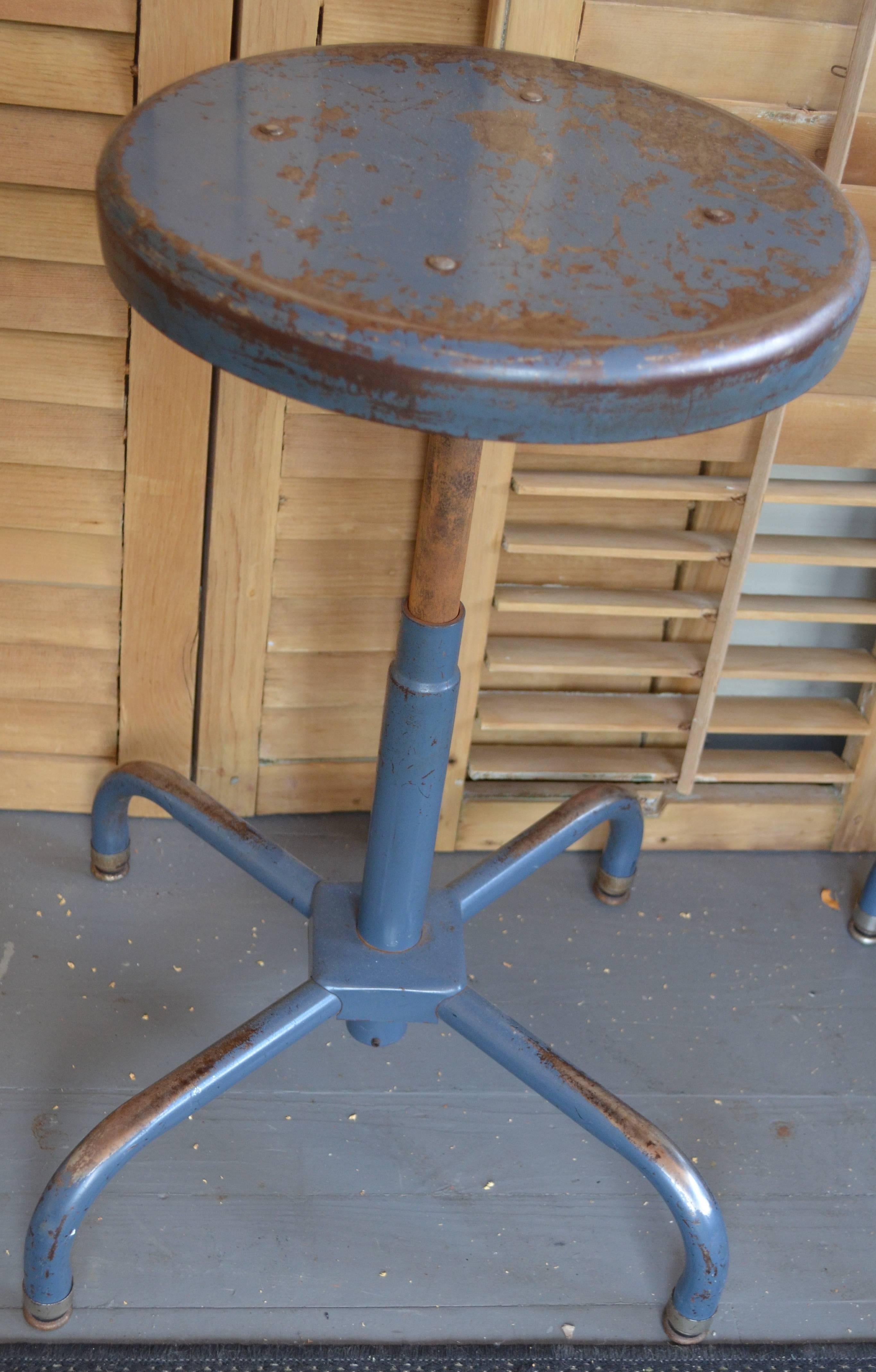 Set of Three Industrial Adjustable Adjusto Steel Counter or Table Stools In Excellent Condition In Madison, WI