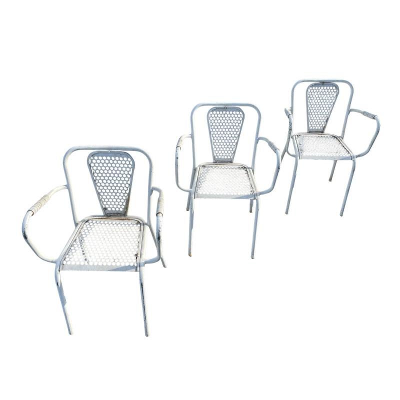 Set di 3 poltrone da bistrot industriali in metallo di Rene Malaval, Francia, 1950 in vendita 3