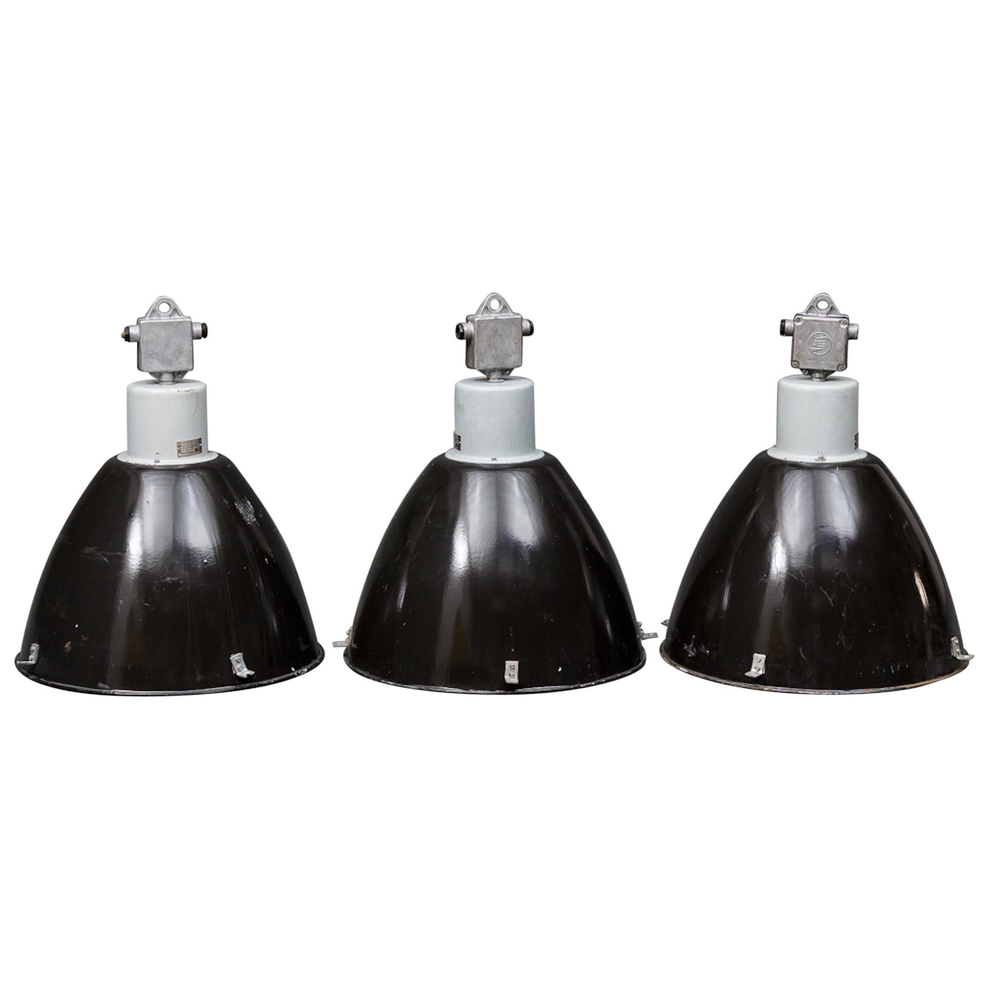 Set of 3 Industrial Warehouse Style Pendler, Industrial Black Enamel Lamps