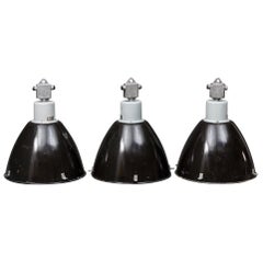 Set of 3 Industrial Warehouse Style Pendler, Industrial Black Enamel Lamps