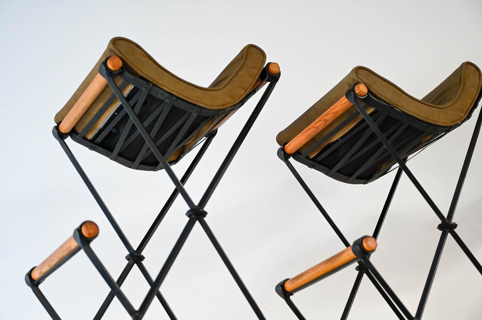 American Set of 3 Iron and Oak Barstools by Cleo Baldon for Terra, ca. 1970