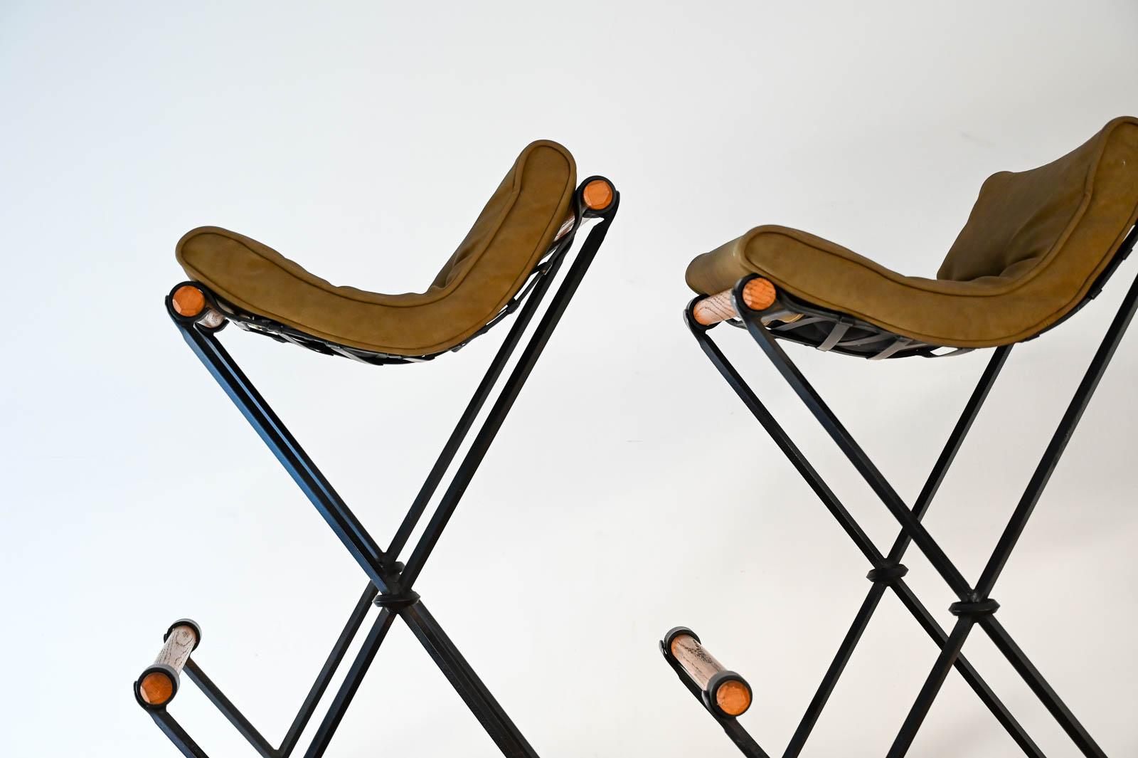 Set of 3 Iron and Oak Barstools by Cleo Baldon for Terra, ca. 1970 In Good Condition In Costa Mesa, CA