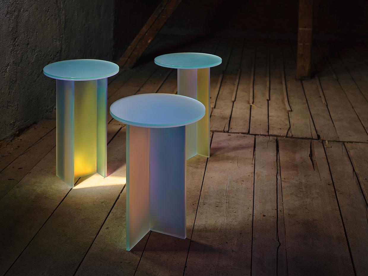 Set of 3 Isola Dichroic Satin Glass L, H and T Side Tables by Brajak Vitberg For Sale 2