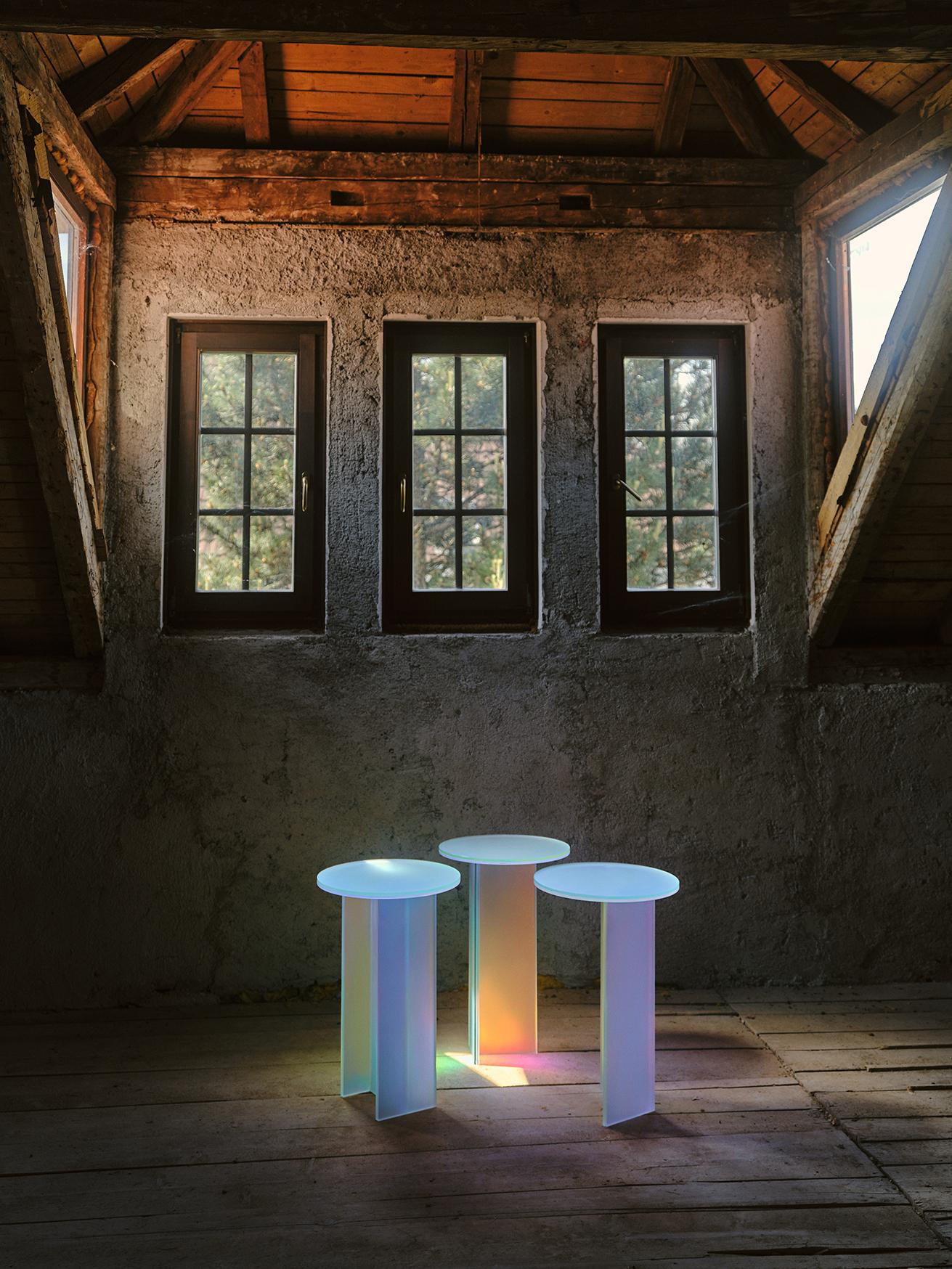 Other Set of 3 Isola Dichroic Satin Glass L, H and T Side Tables by Brajak Vitberg For Sale