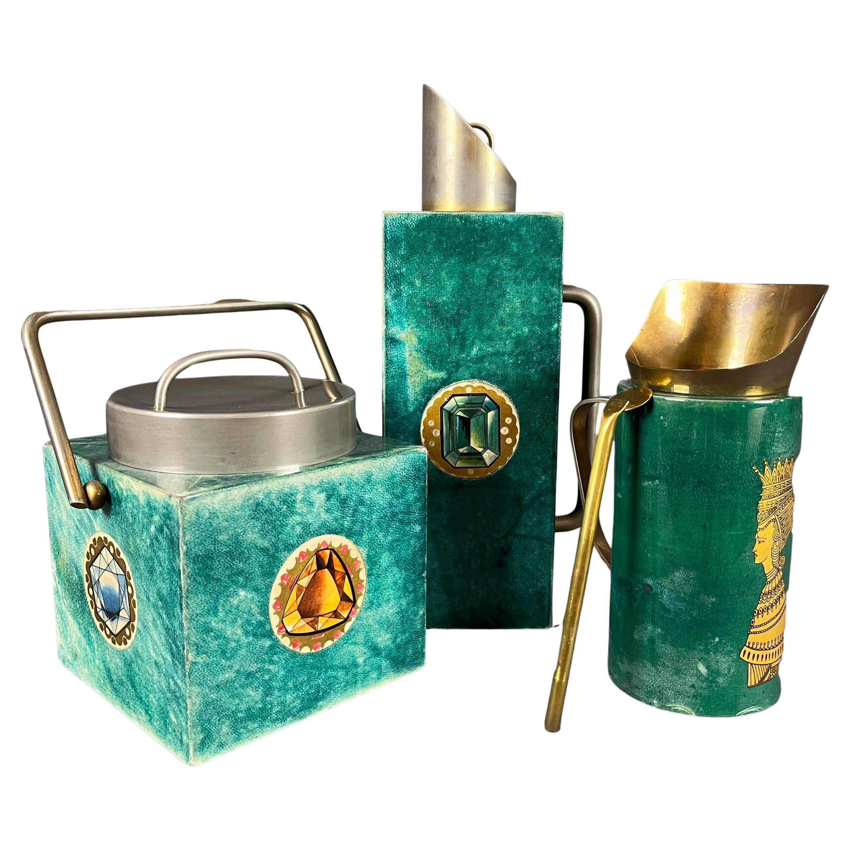 Set of 3 Italian 1960s Aldo Tura Goatskin And Brass Barware