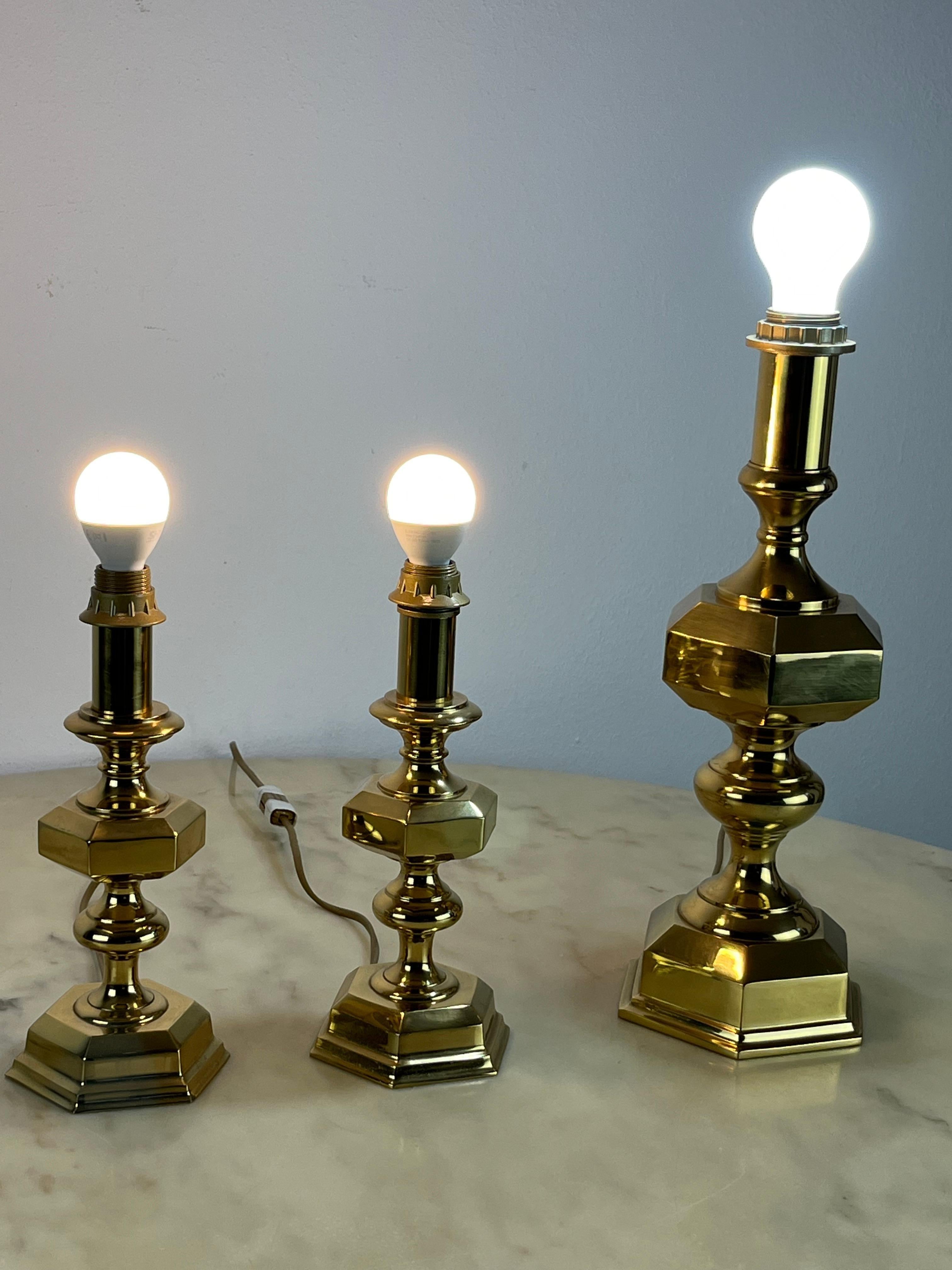 Set of 3 Italian Brass Table Lamps, 1980s In Good Condition For Sale In Palermo, IT