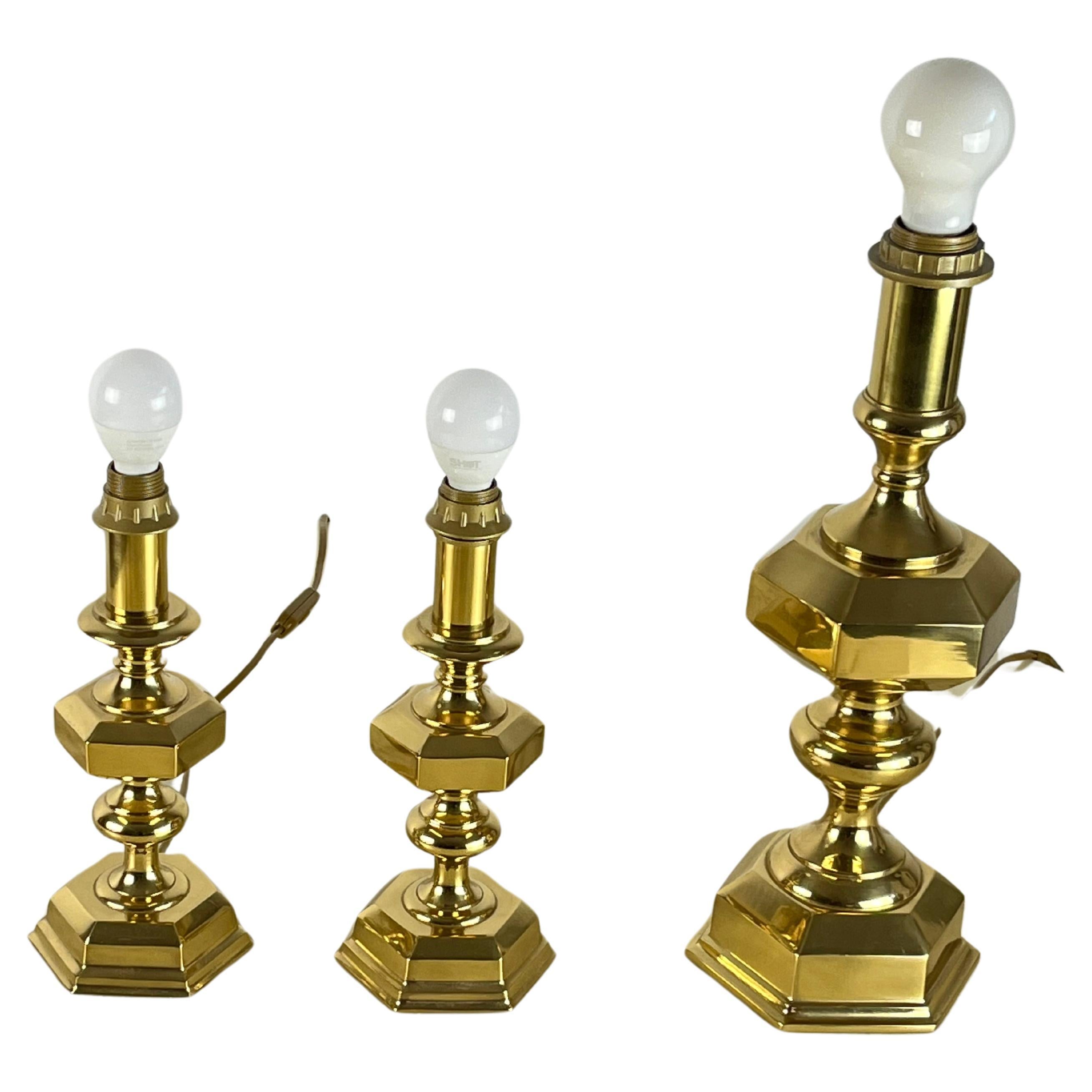 Set of 3 Italian Brass Table Lamps, 1980s For Sale