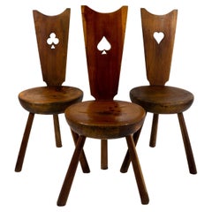 Set of 3 Italian Brutalist Vintage Playing Cards Club Spade Heart Wood Chairs