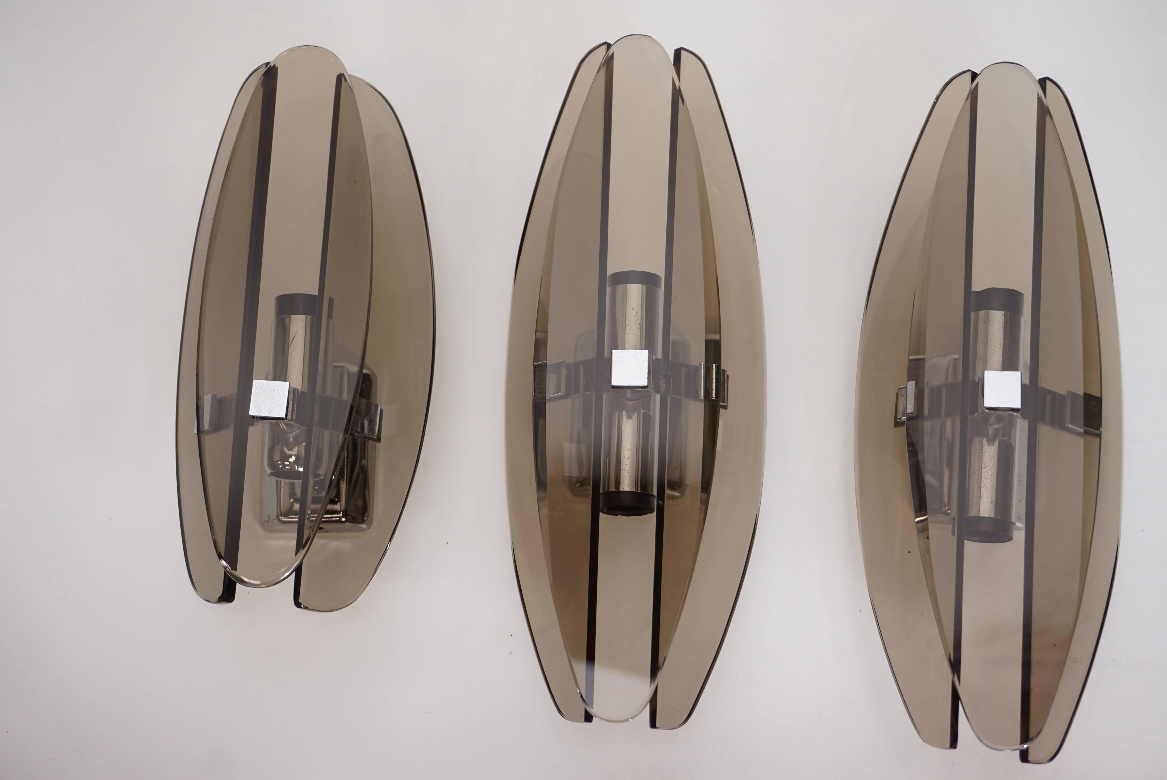 Set of Three Italian Design Chrome and Smoked Glass Sconces by Veca For Sale 6