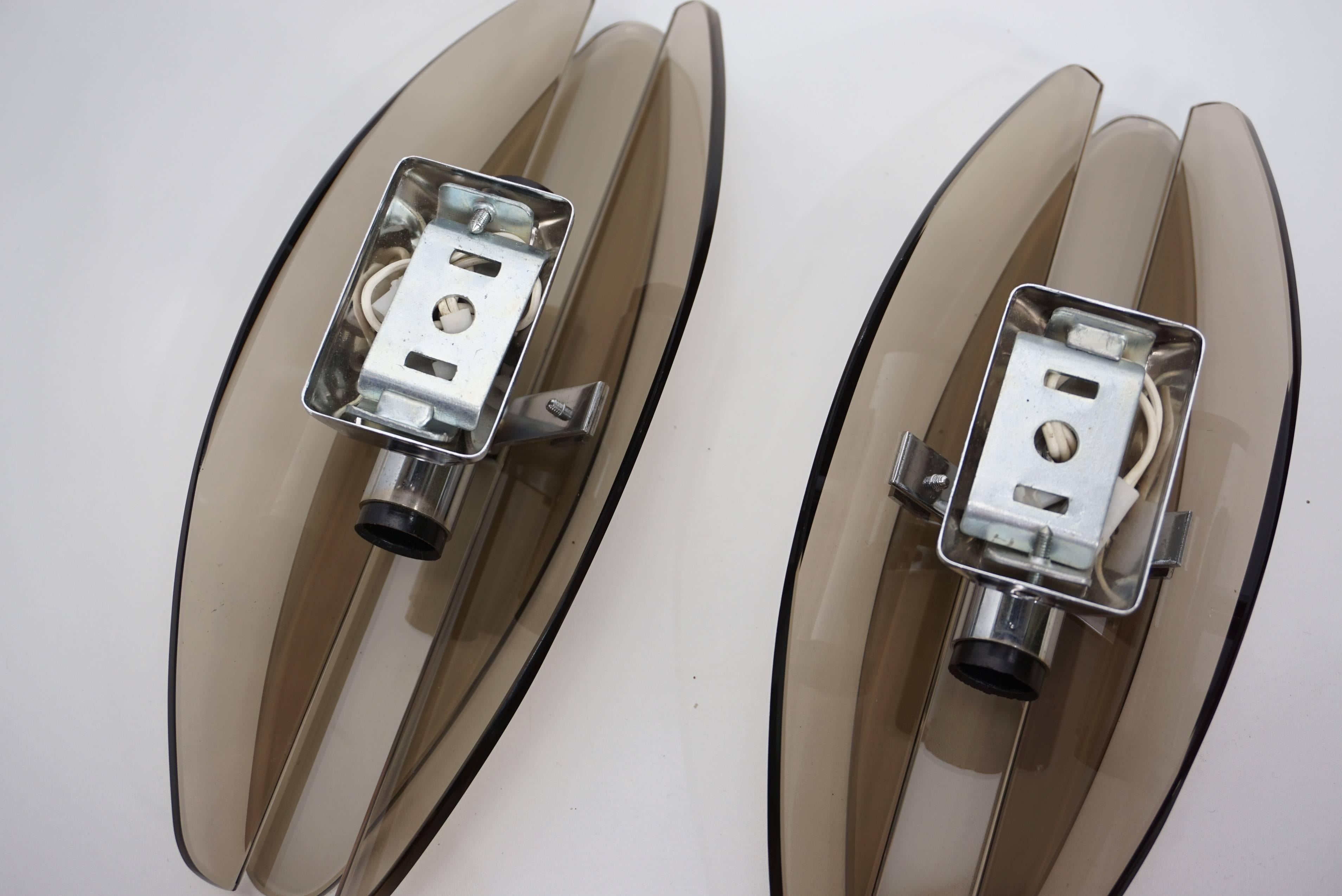 20th Century Set of Three Italian Design Chrome and Smoked Glass Sconces by Veca For Sale