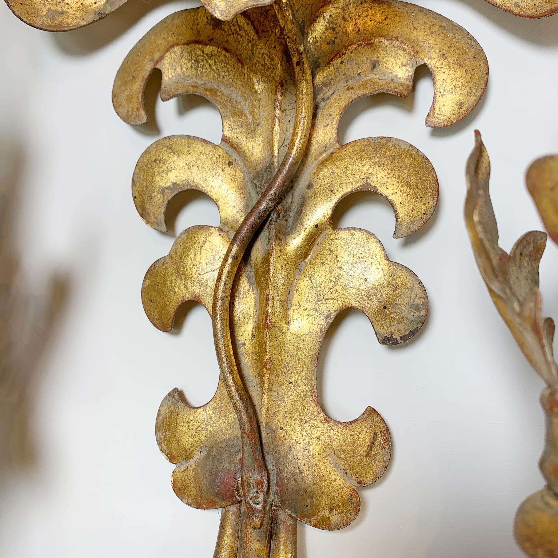 Ensemble de 3 lampes murales italiennes en métal doré à feuilles d'Acanthus en vente 4