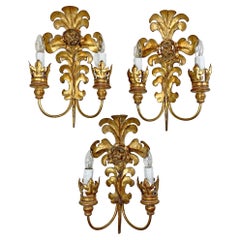 Vintage Set of 3 Italian Gold Metal Acanthus Leaf Wall Lights