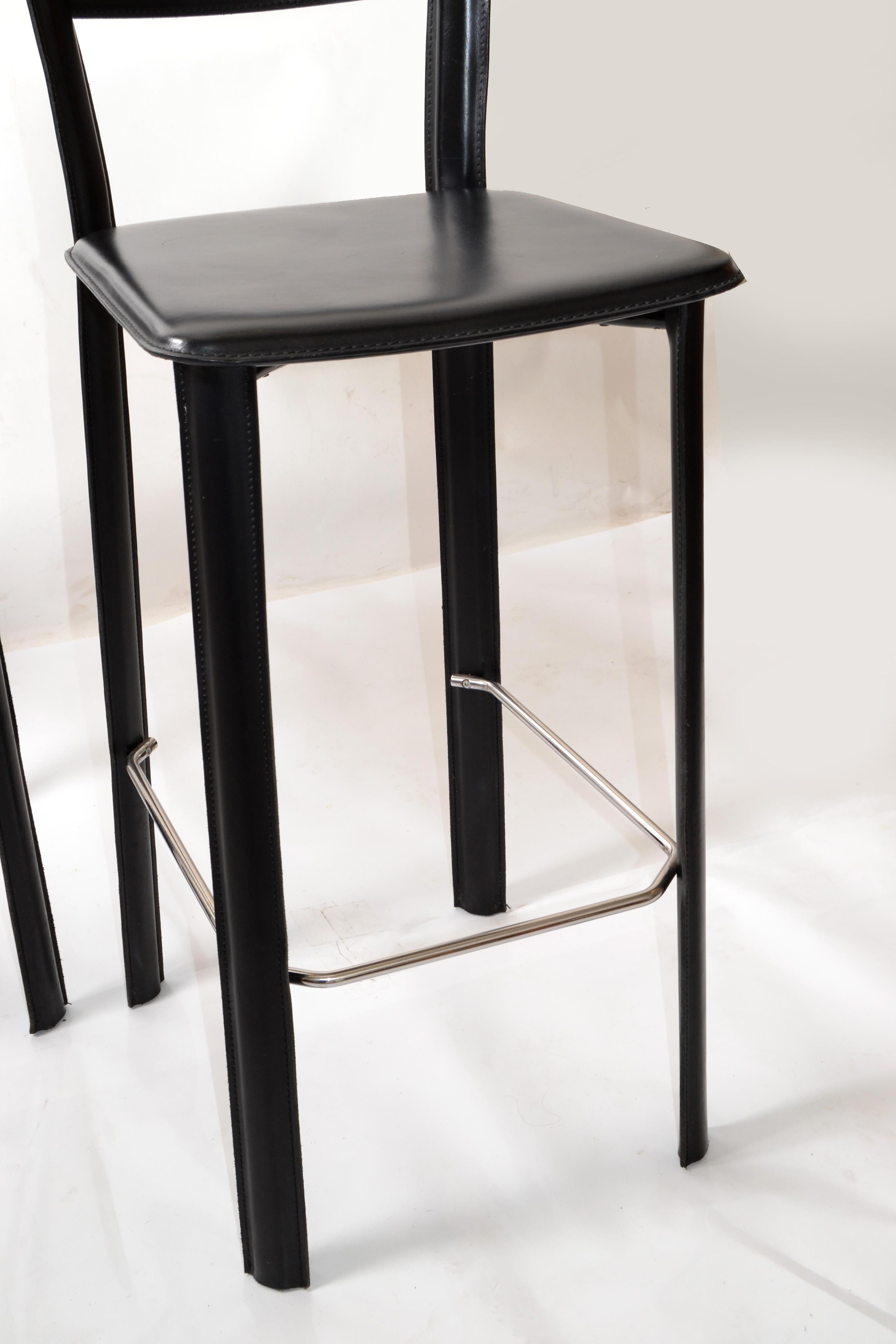 Set of 3 Italian Hand Stitched Frag Black Leather Chrome Bar Stools Contemporary 4