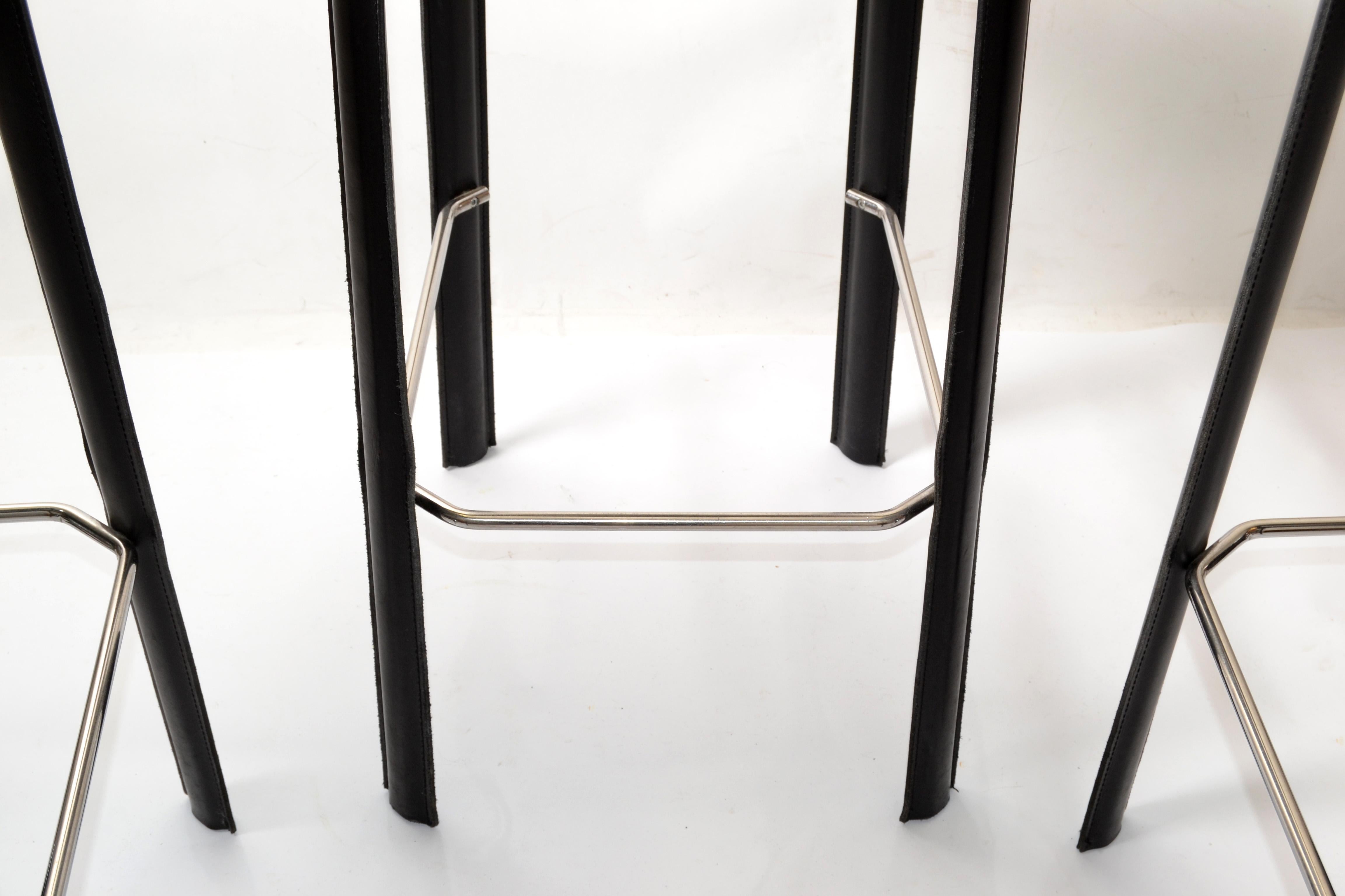 Set of 3 Italian Hand Stitched Frag Black Leather Chrome Bar Stools Contemporary 5