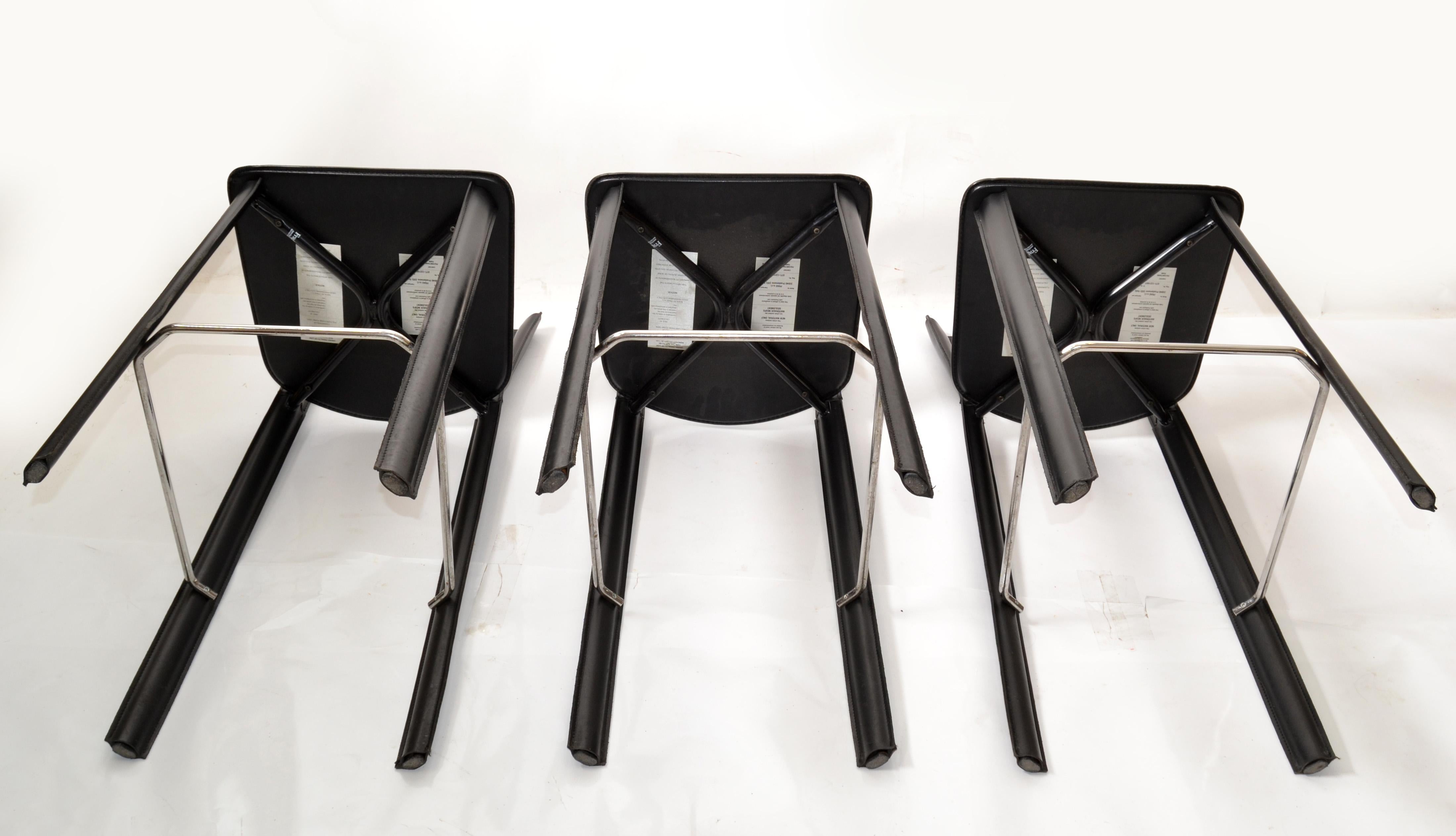 Set of 3 Italian Hand Stitched Frag Black Leather Chrome Bar Stools Contemporary 7