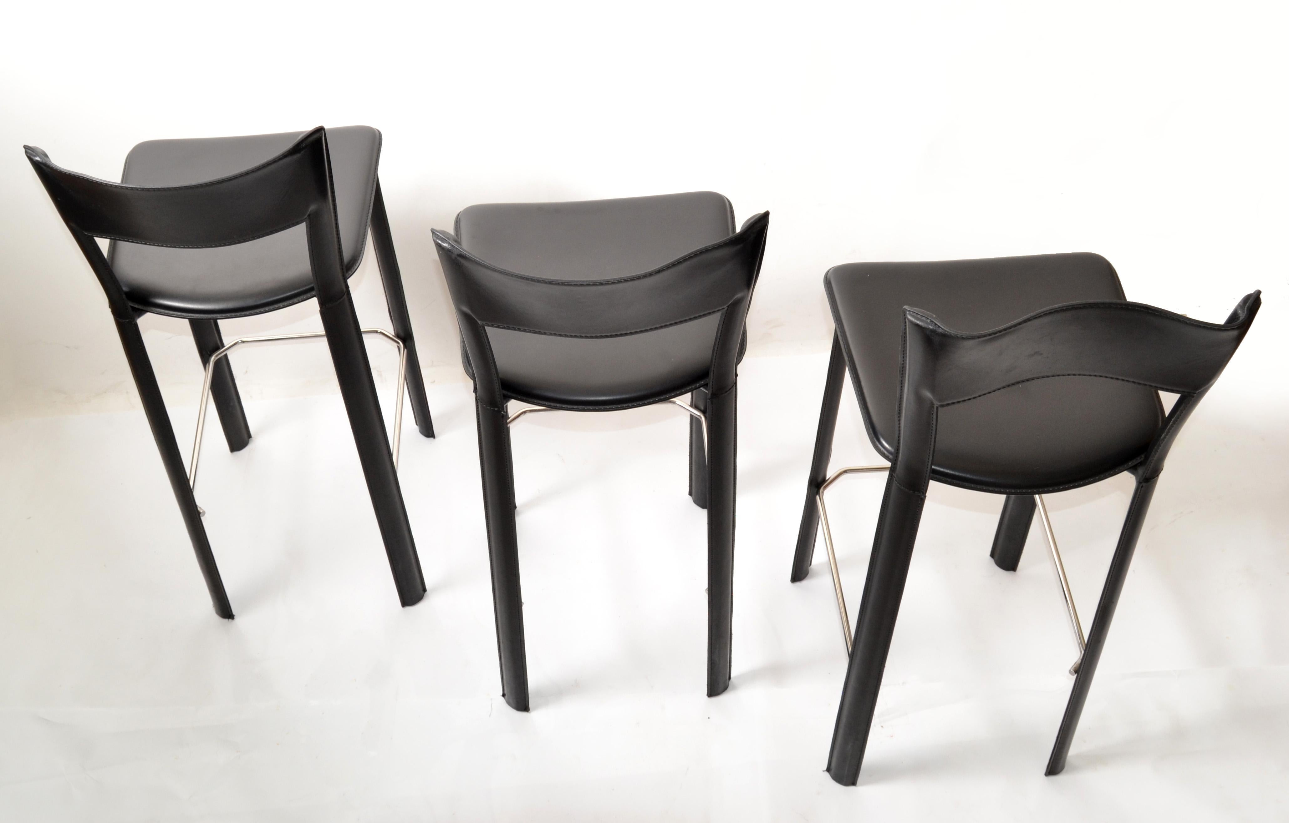 Set of 3 Italian Hand Stitched Frag Black Leather Chrome Bar Stools Contemporary 11