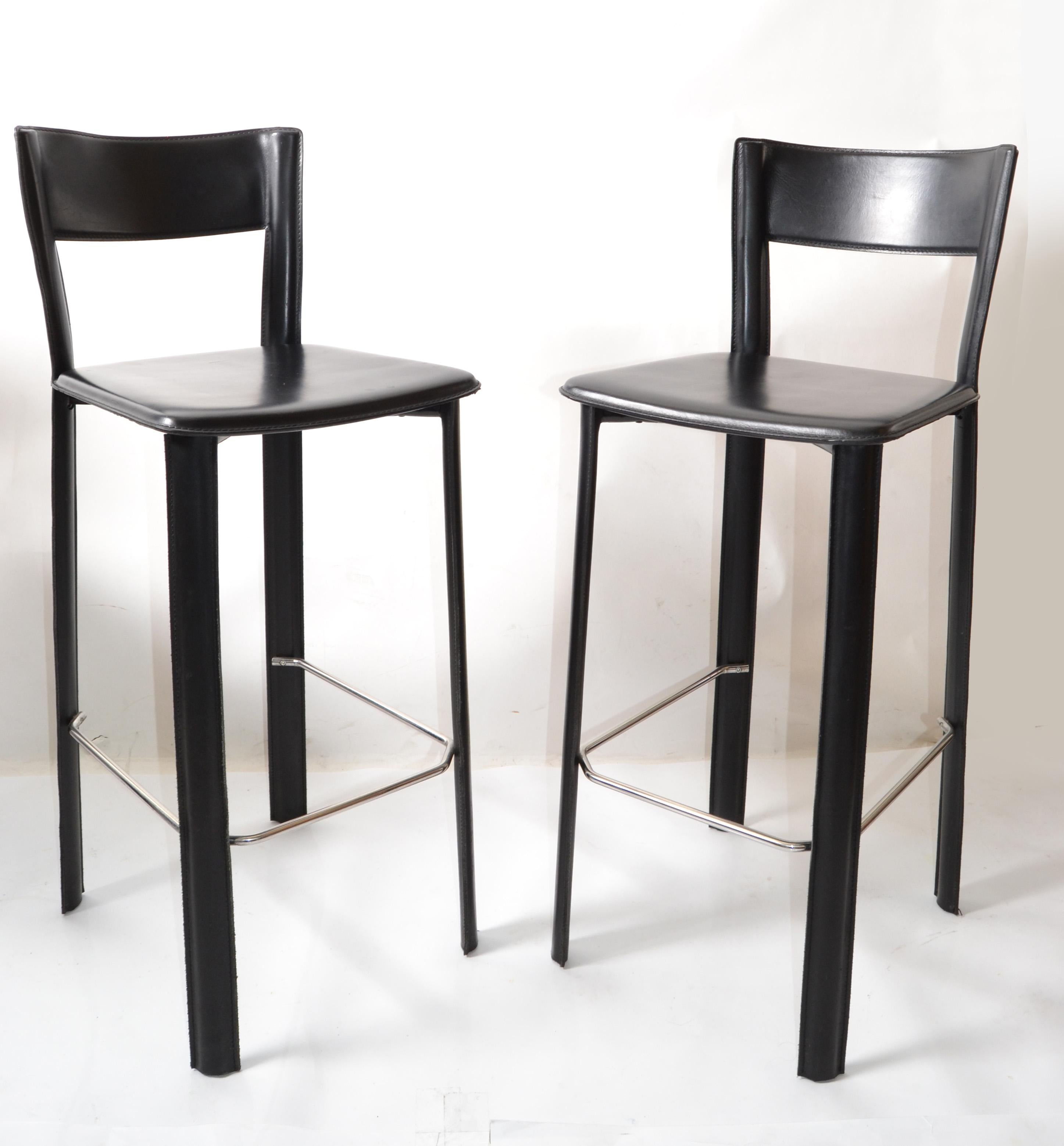 Modern Set of 3 Italian Hand Stitched Frag Black Leather Chrome Bar Stools Contemporary