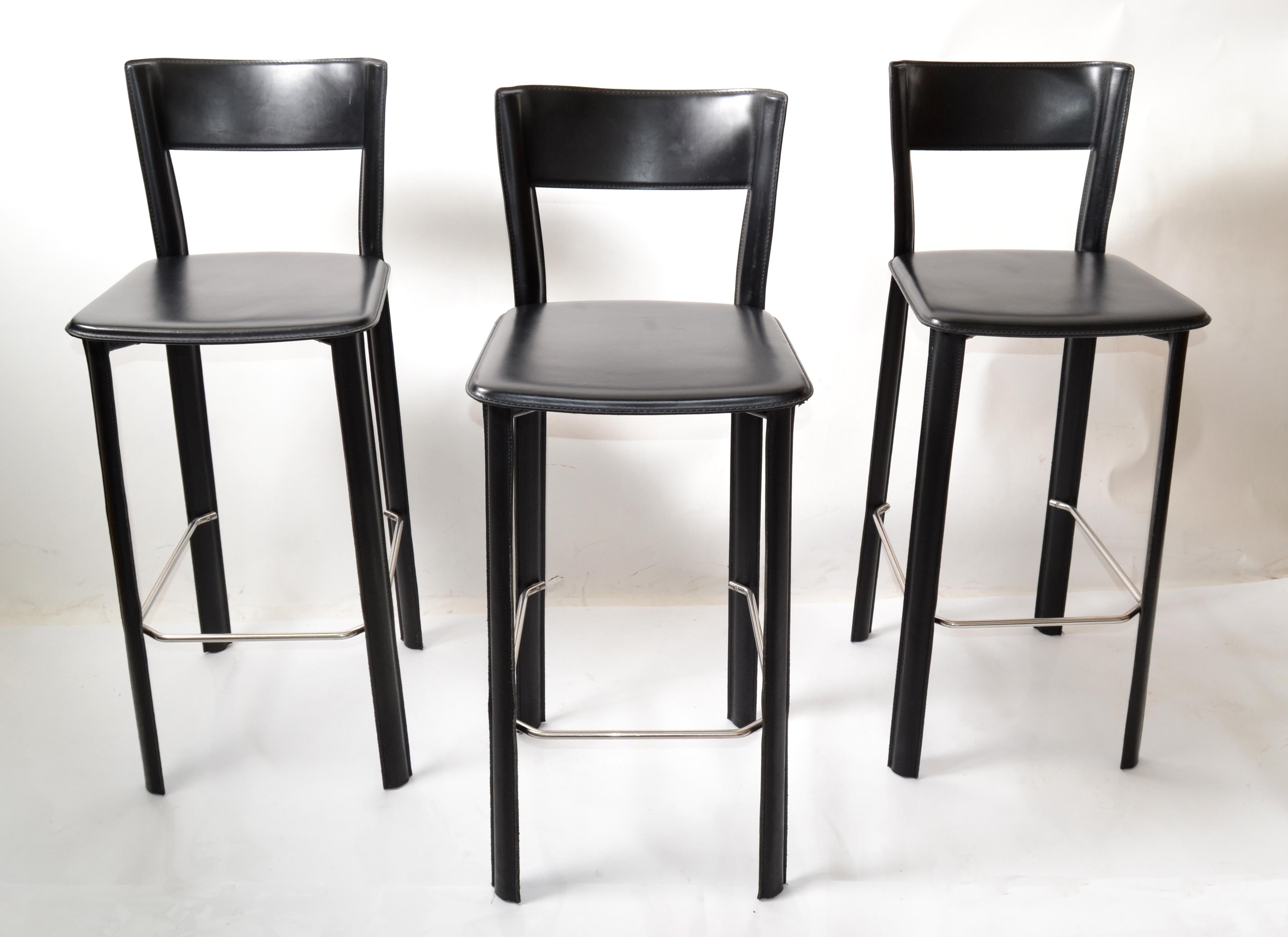 Hand-Crafted Set of 3 Italian Hand Stitched Frag Black Leather Chrome Bar Stools Contemporary