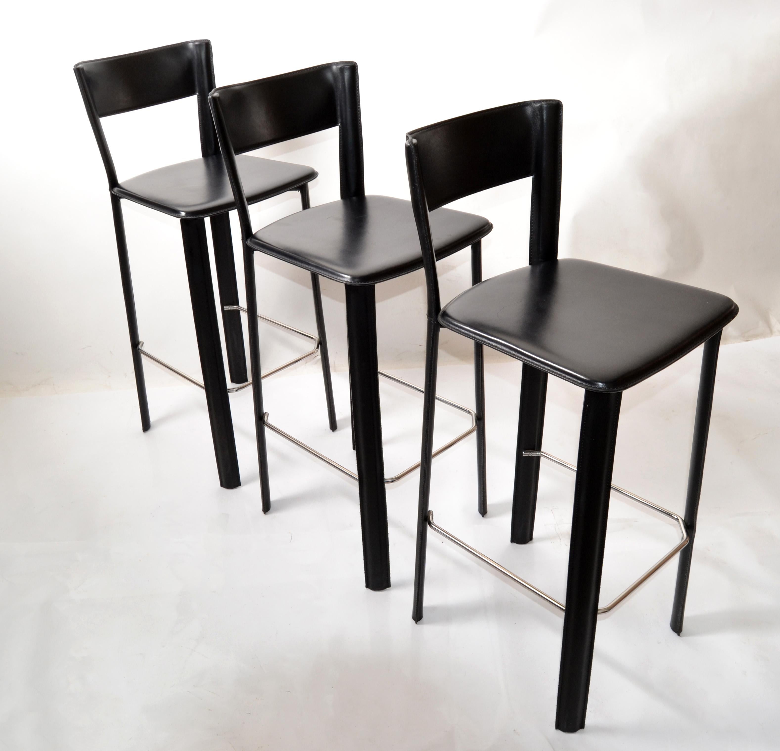Set of 3 Italian Hand Stitched Frag Black Leather Chrome Bar Stools Contemporary In Good Condition In Miami, FL