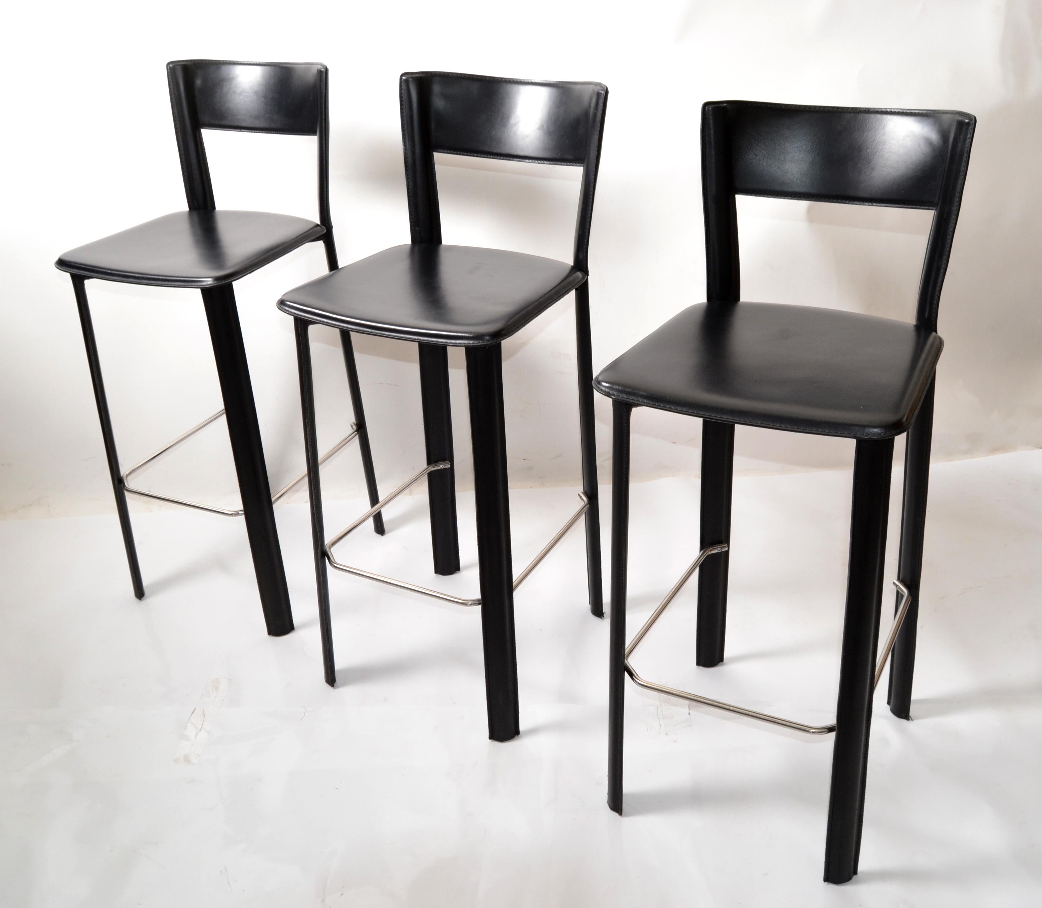 Set of 3 Italian Hand Stitched Frag Black Leather Chrome Bar Stools Contemporary 1