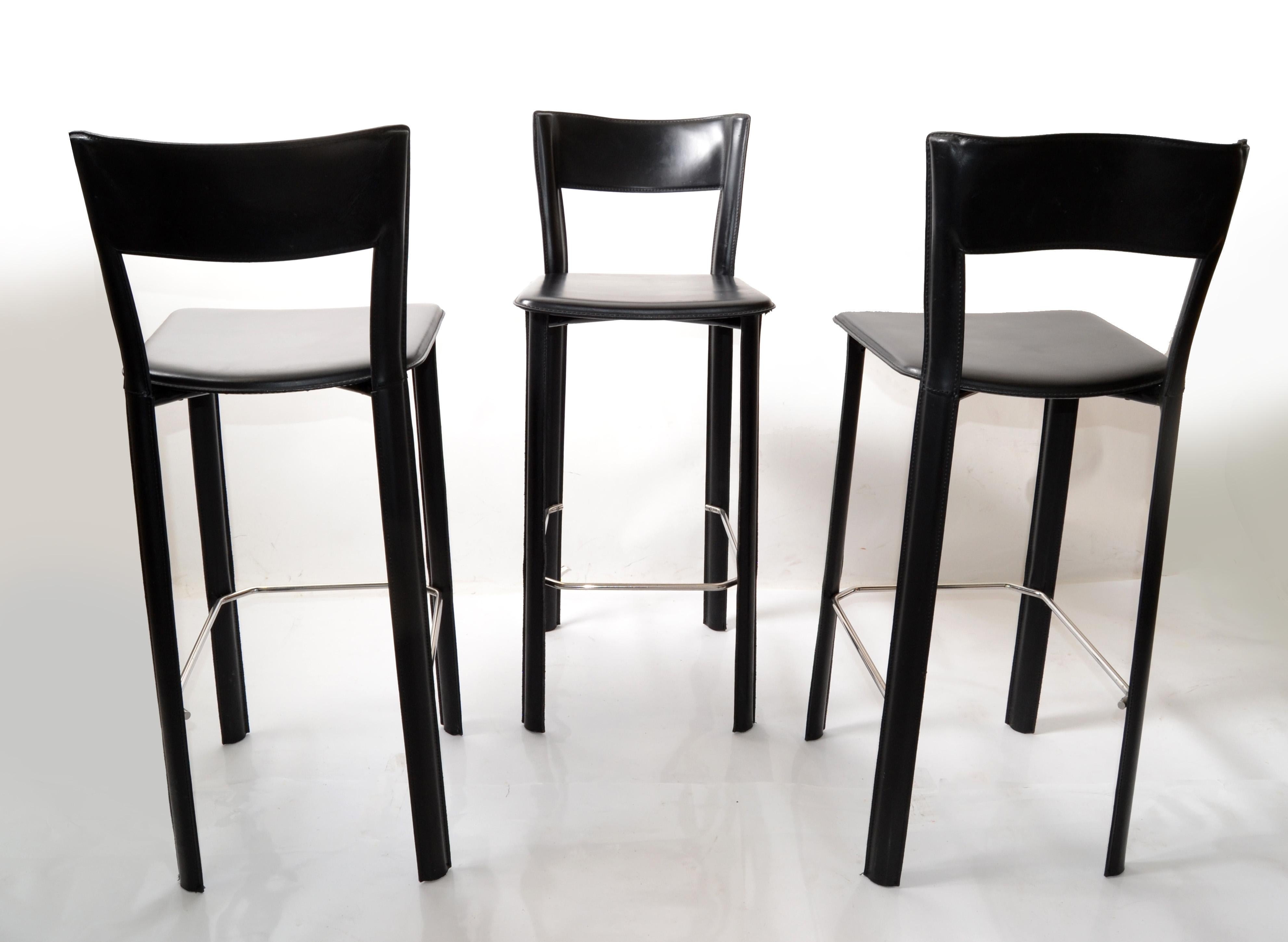 Set of 3 Italian Hand Stitched Frag Black Leather Chrome Bar Stools Contemporary 2