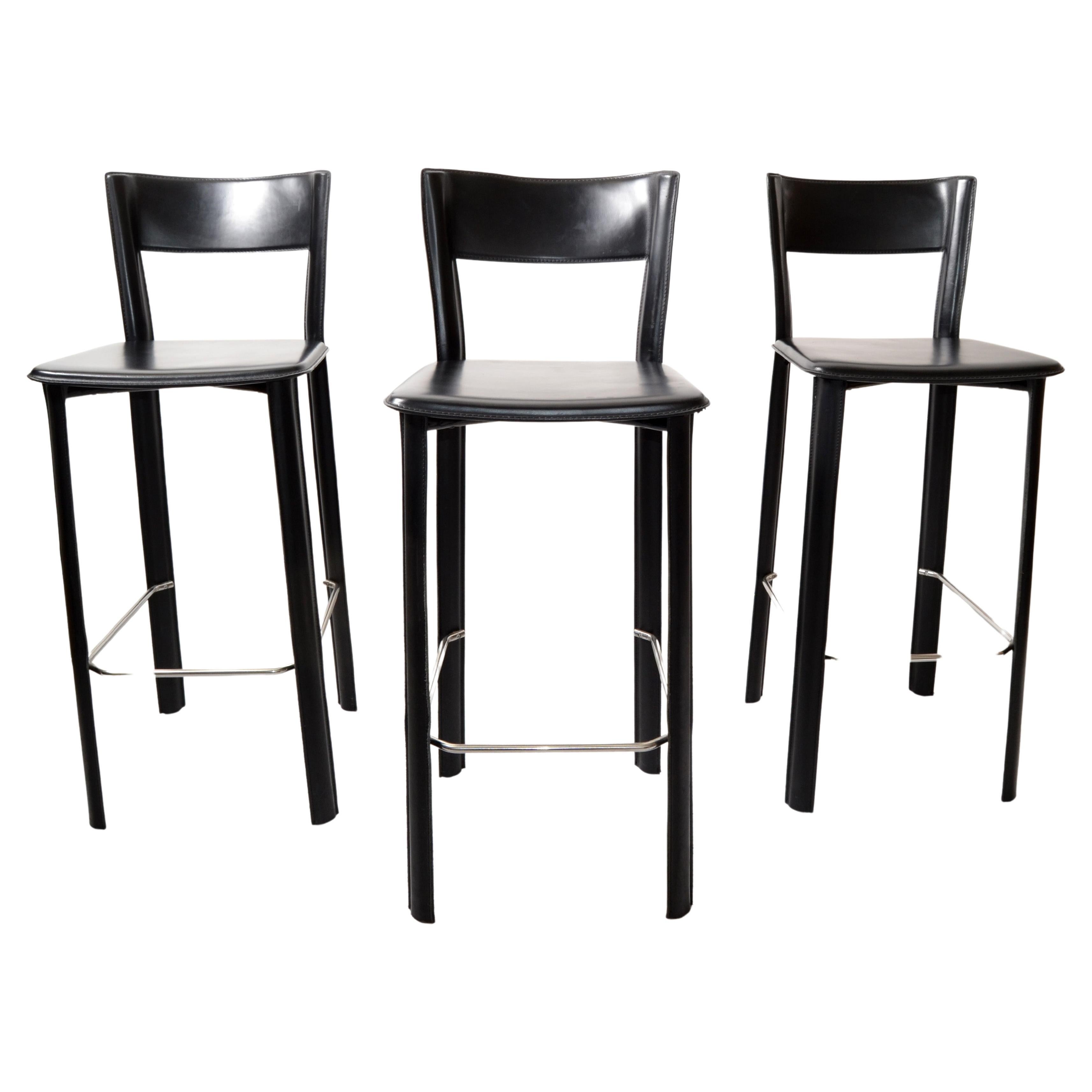 Set of 3 Italian Hand Stitched Frag Black Leather Chrome Bar Stools Contemporary