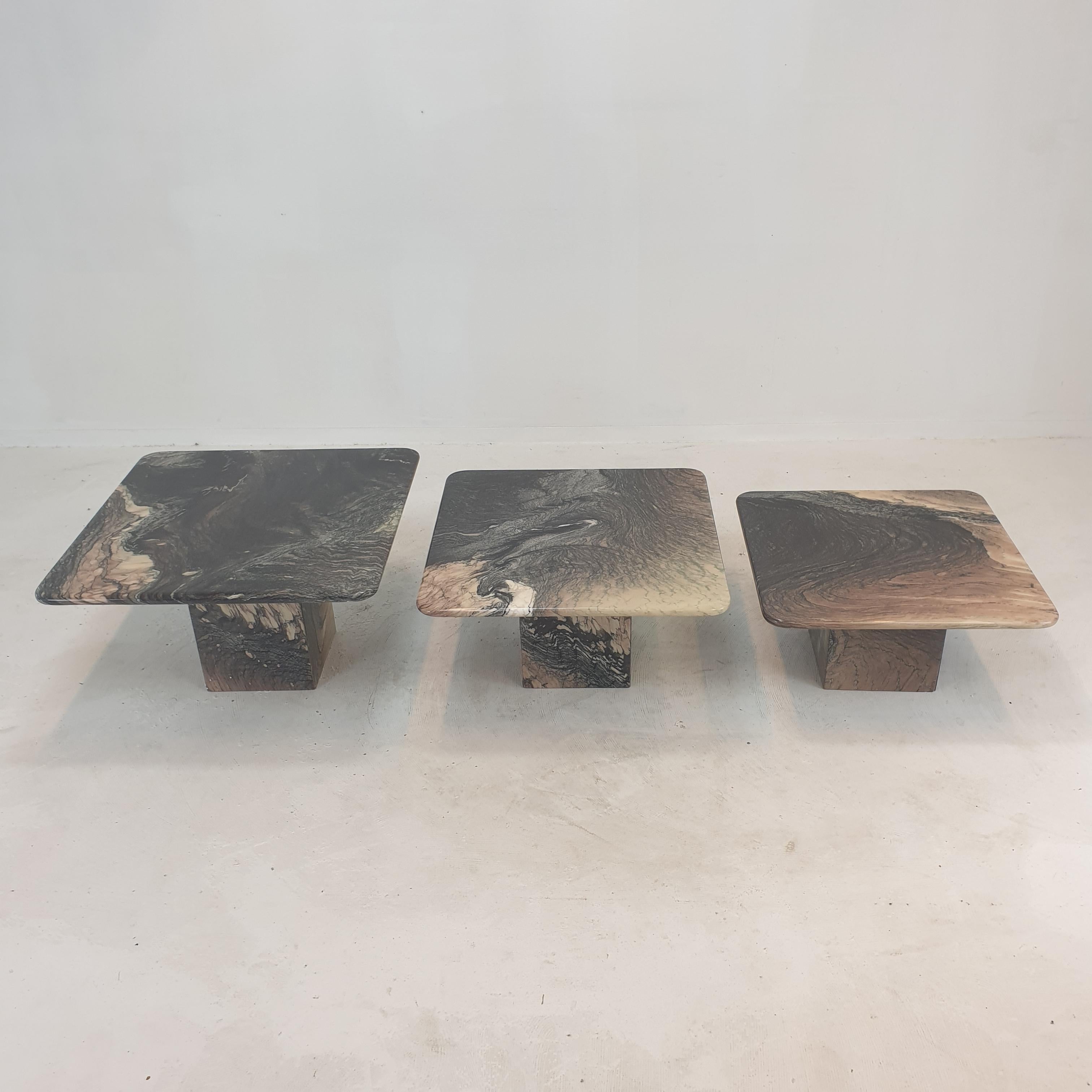 Hand-Crafted Set of 3 Italian Marble Coffee or Side Tables, 1980s For Sale