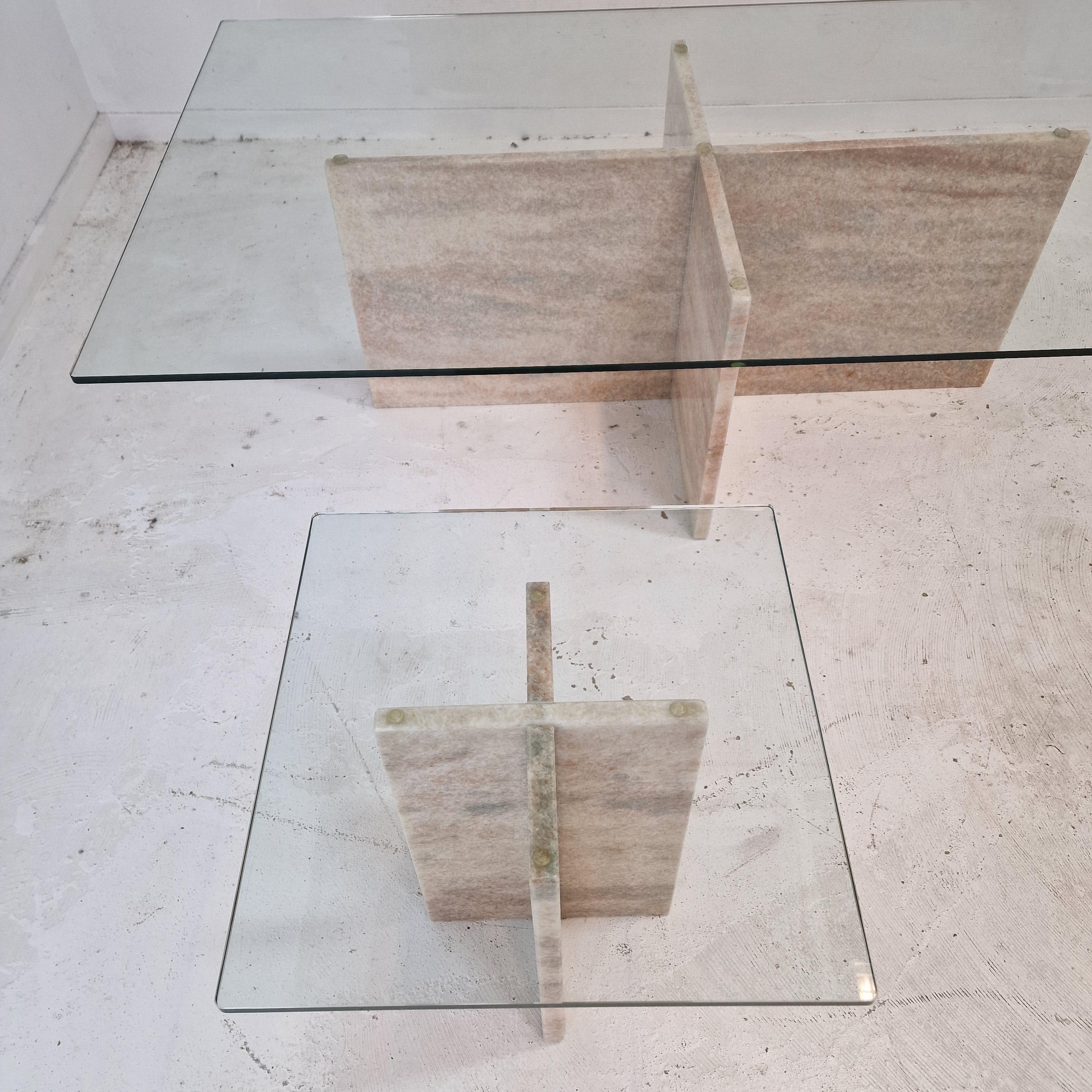 Ensemble de 3 tables basses ou d'appoint italiennes en marbre avec verre, années 1980 en vente 4