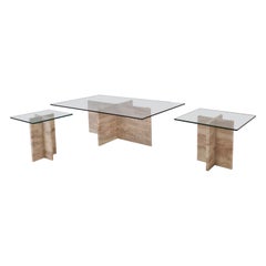 Set di 3 tavolini in marmo italiano con vetro, anni '80