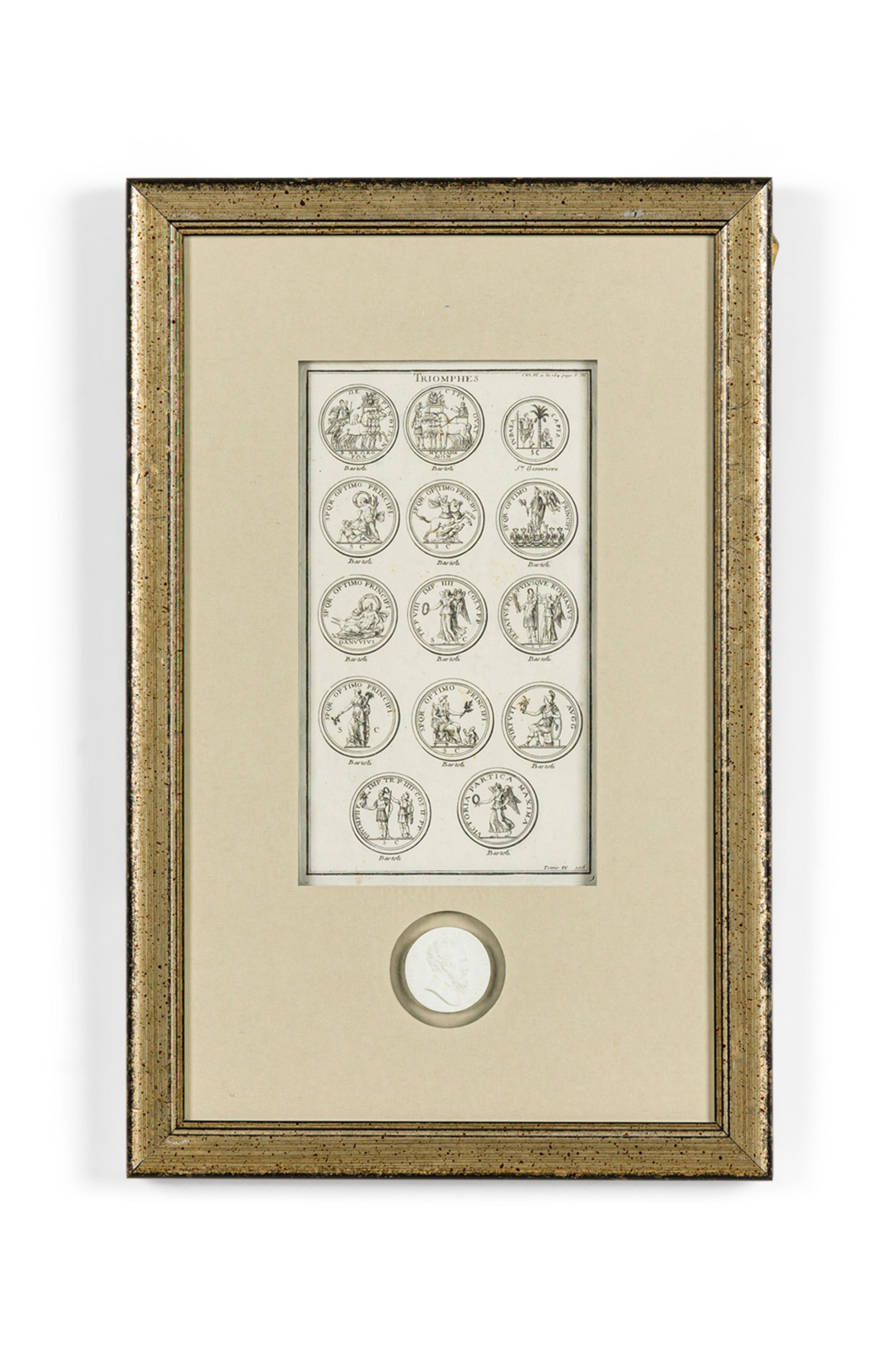 ENSEMBLE de 3 gravures italiennes de style néo-classique (19ème siècle) représentant des métaux sur une pièce unique sculptée en pariu blanc avec un buste classique dans un cadre en argent/doré (Prov : Christie's NY) (PRIX POUR L'ENSEMBLE)