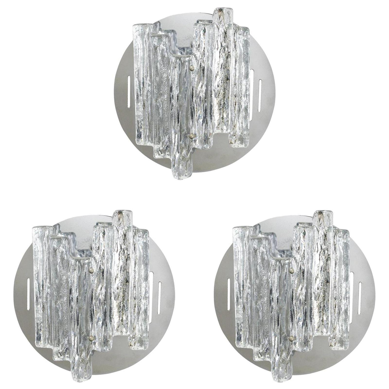 Set of 3 Italian Sconces w/ Flush Mounts w/ Clear Geometric Murano Glass c 1960s For Sale