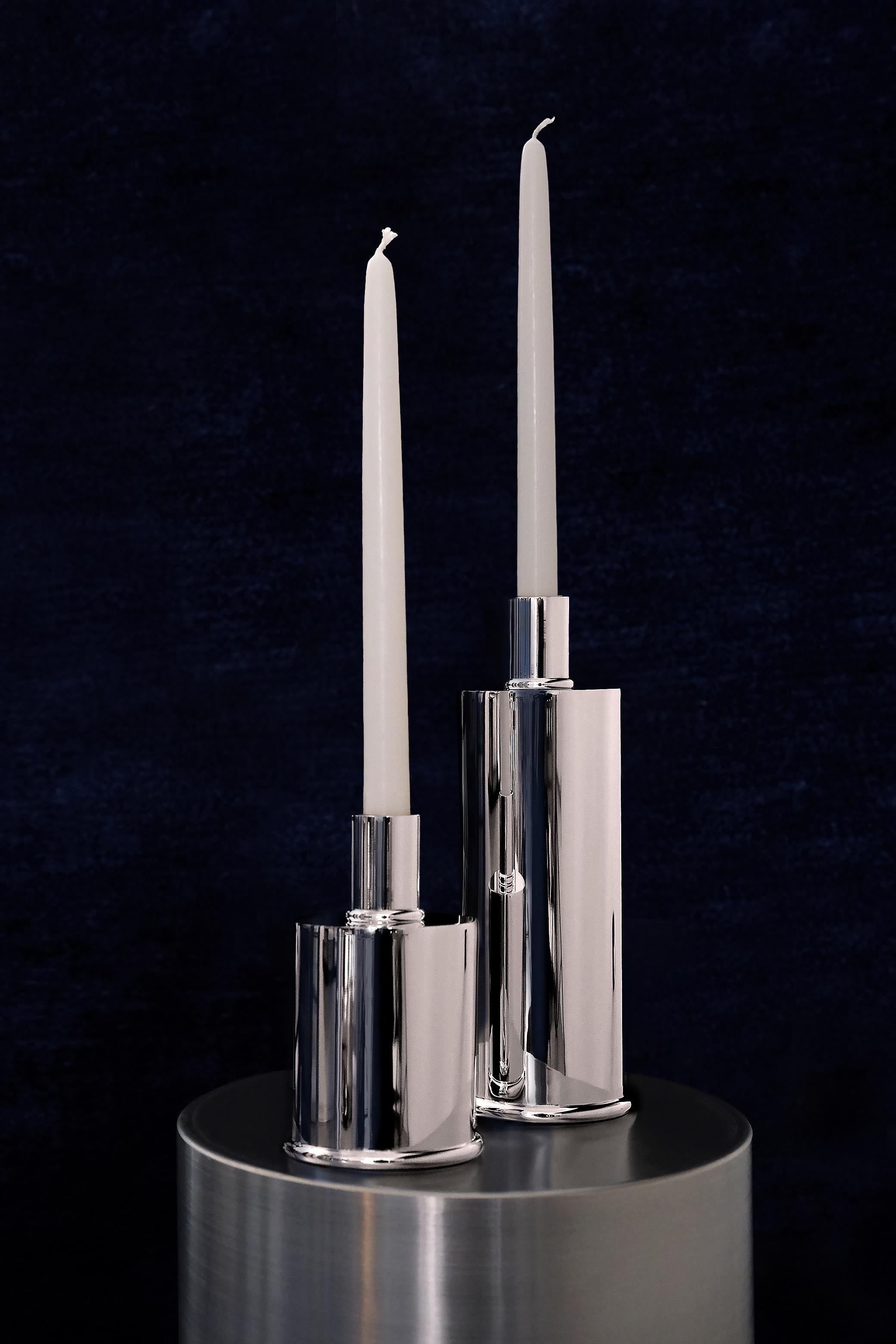 Placcato argento Set di 3 portacandele italiani placcati in argento, design artigianale, in stock in vendita