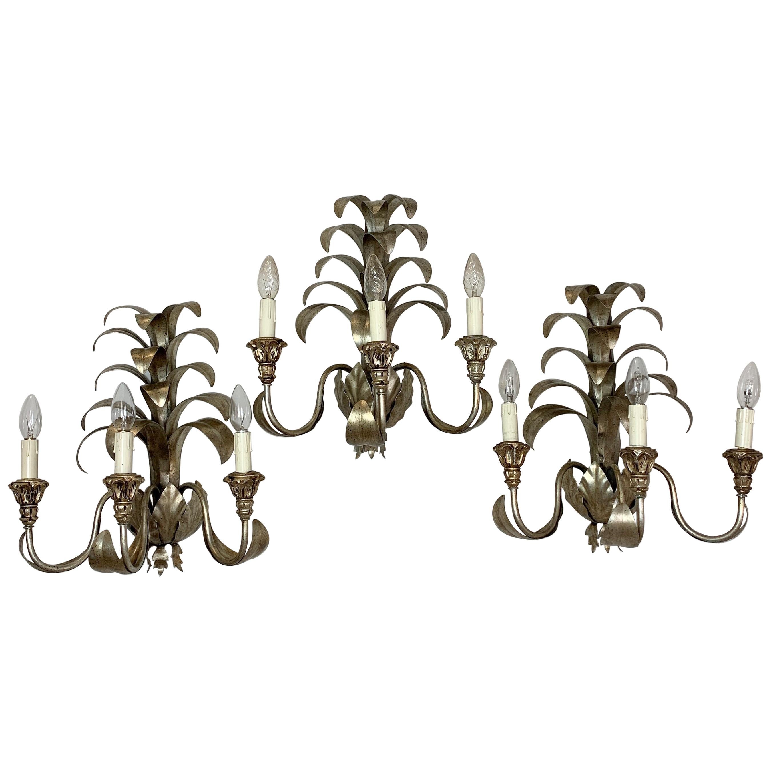 Set of 3, Italian Silver Tole Pineapple Wall Lights