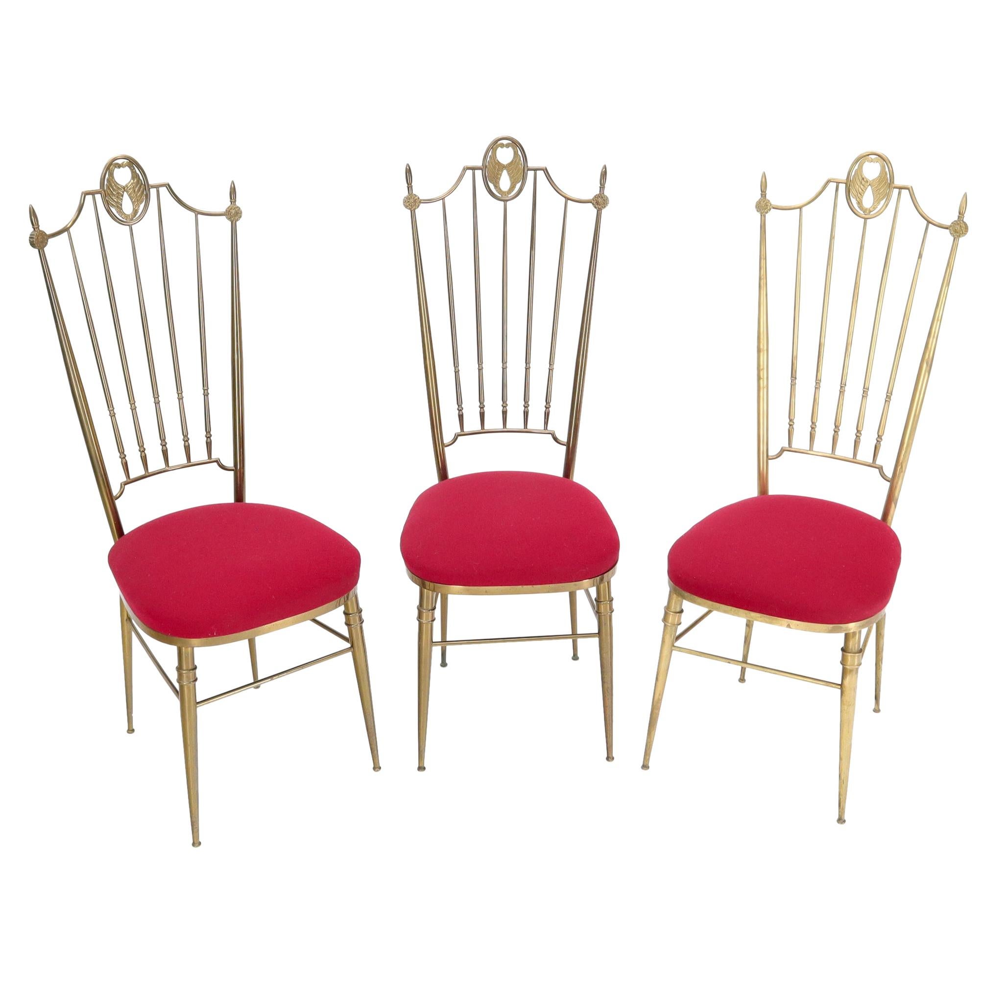Set of 3 Italian Solid Brass Chiavari Chairs From 1950s New Upholstery