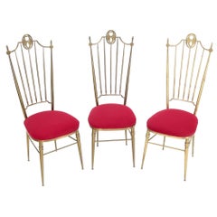 Ensemble de 3 chaises Chiavari italiennes en laiton massif des années 1950 Nouvelle tapisserie d'ameublement