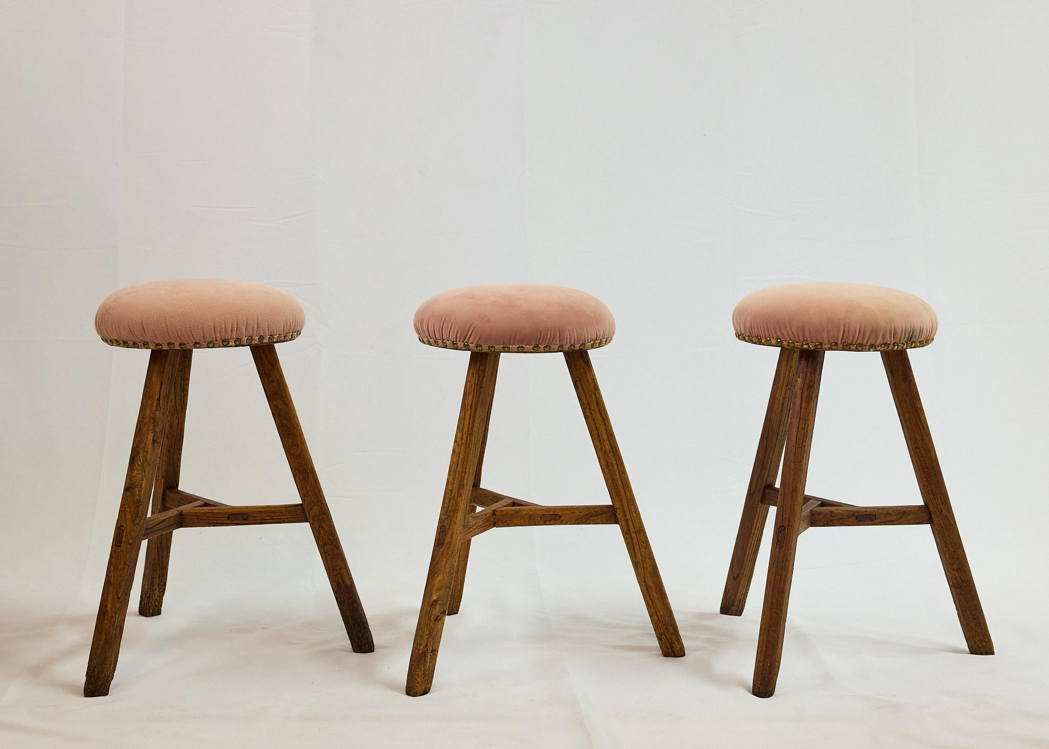 Primitive Set of 3 Italian Splay Leg Stools with Upholstered Seats For Sale