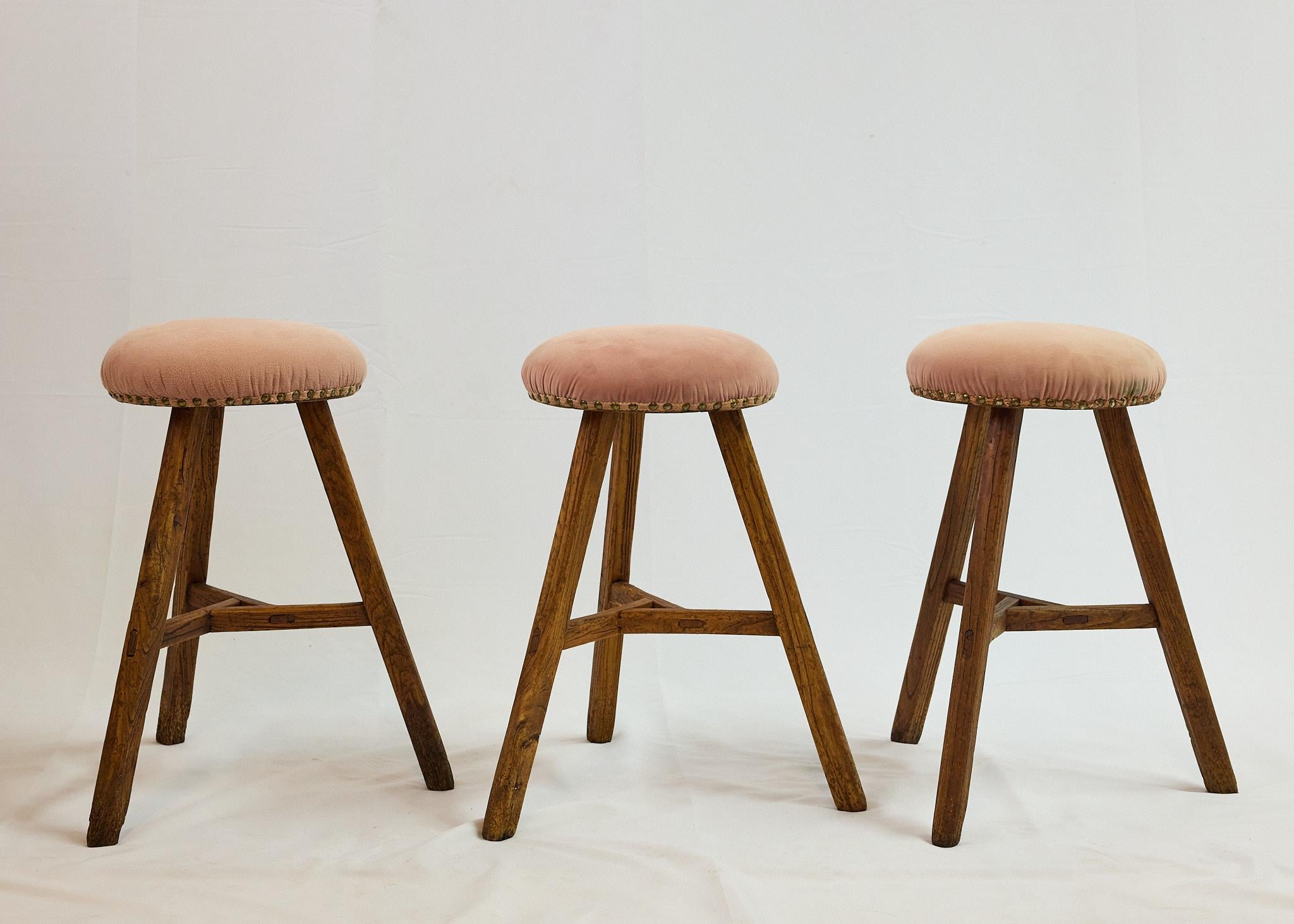 Set of 3 Italian Splay Leg Stools with Upholstered Seats In Good Condition For Sale In Atlanta, GA