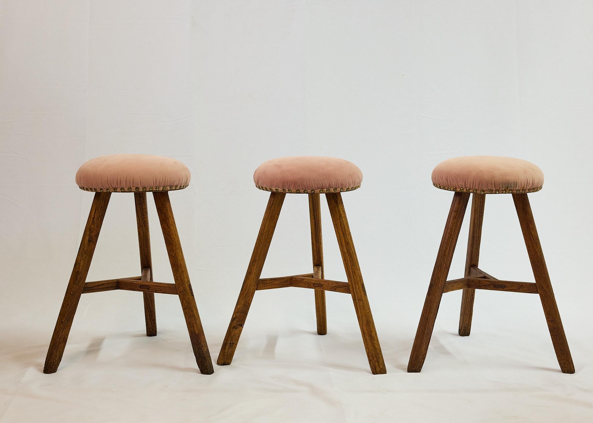 20th Century Set of 3 Italian Splay Leg Stools with Upholstered Seats For Sale