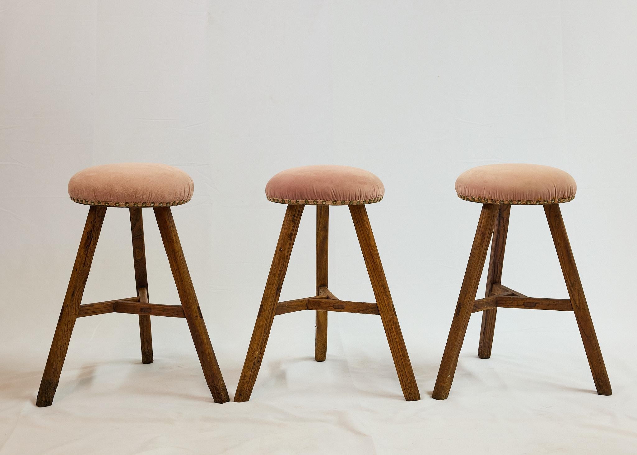 Wood Set of 3 Italian Splay Leg Stools with Upholstered Seats For Sale