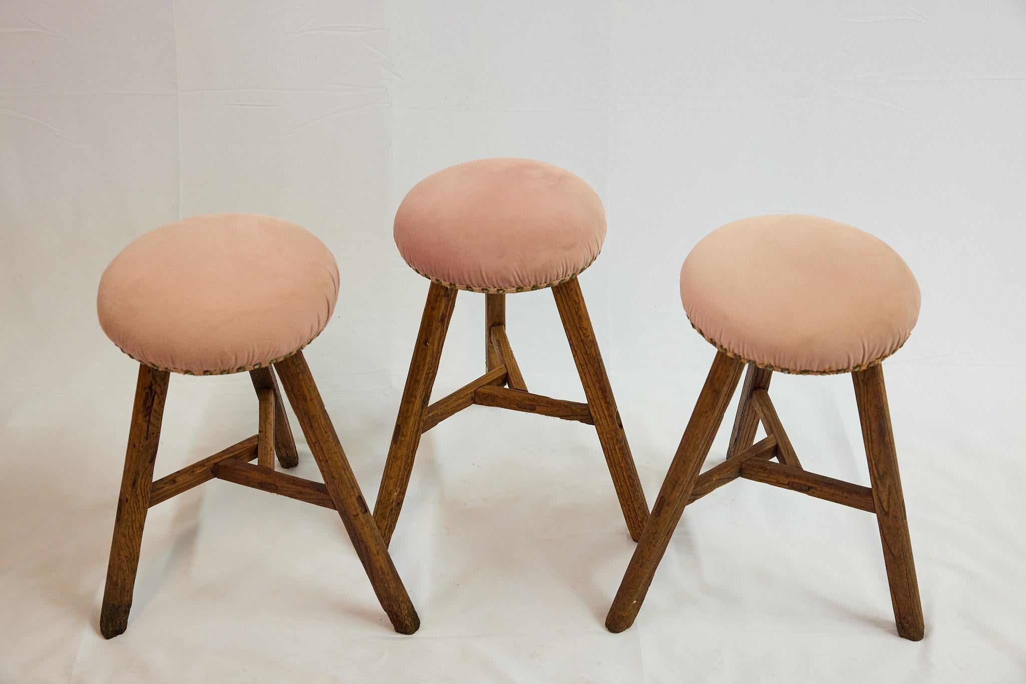 Set of 3 Italian Splay Leg Stools with Upholstered Seats For Sale 1