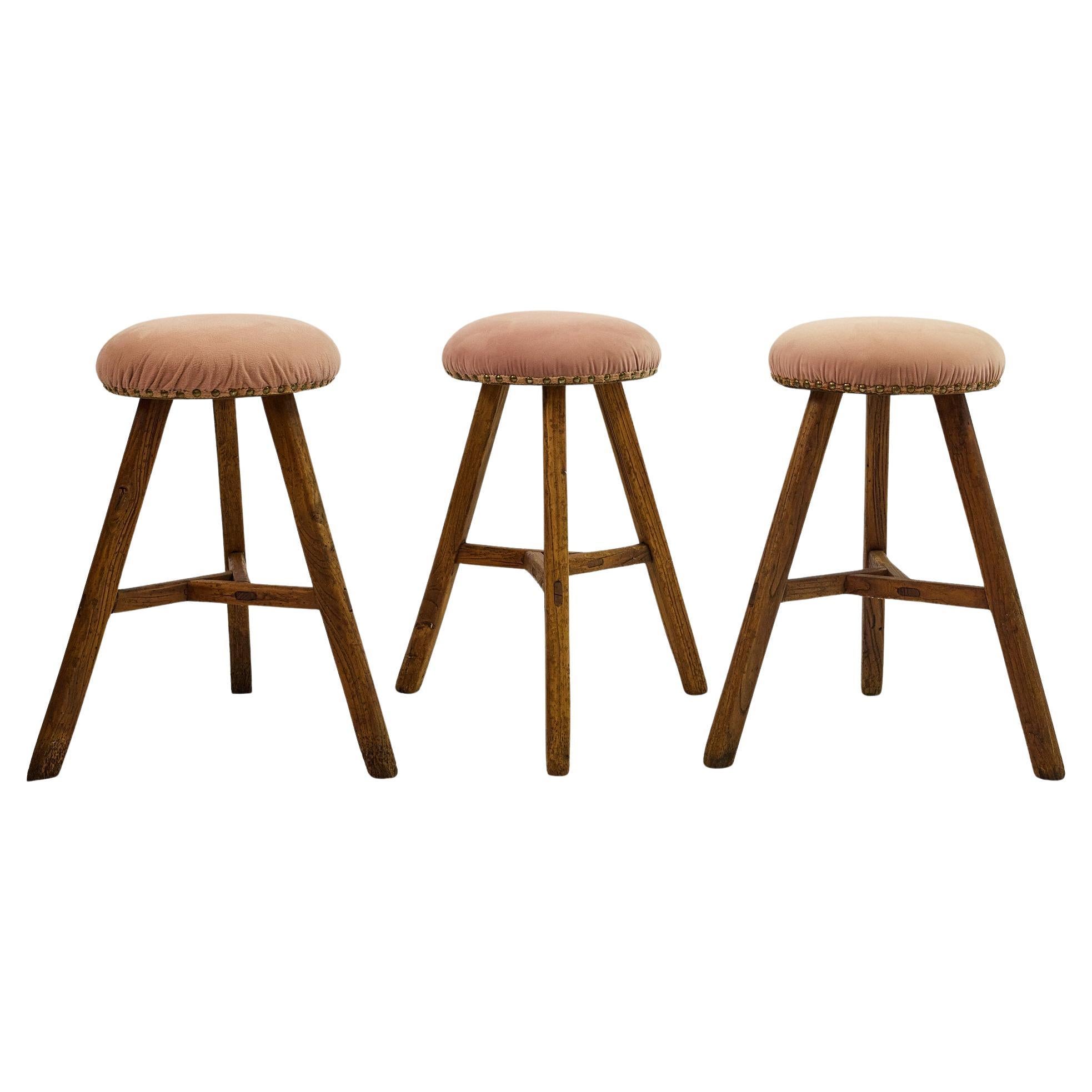 Set of 3 Italian Splay Leg Stools with Upholstered Seats For Sale