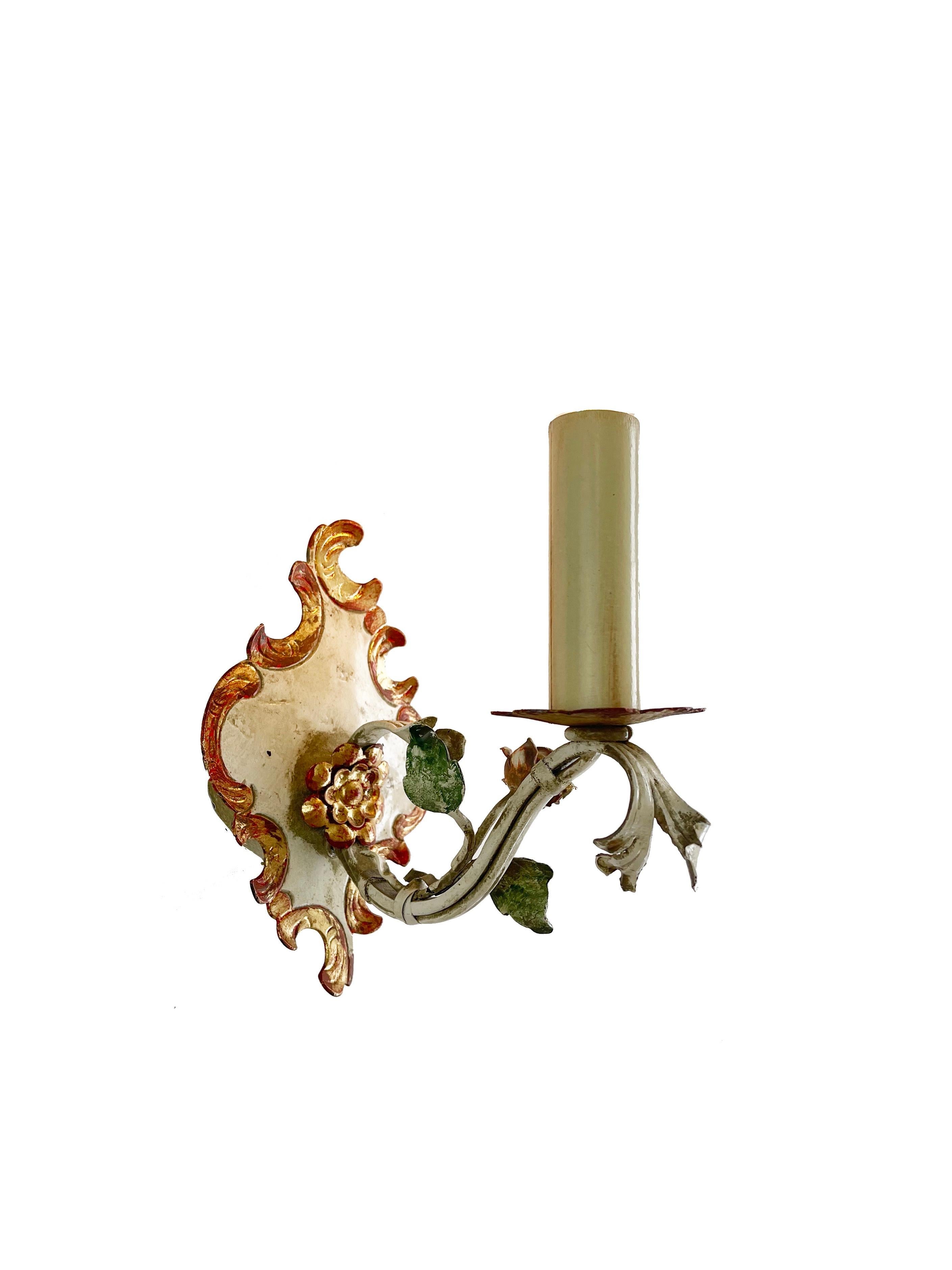 Hollywood Regency Set of 3 Italian Toleware Wall Lights, Grey, Gold Red Wrought Iron, 1960s For Sale