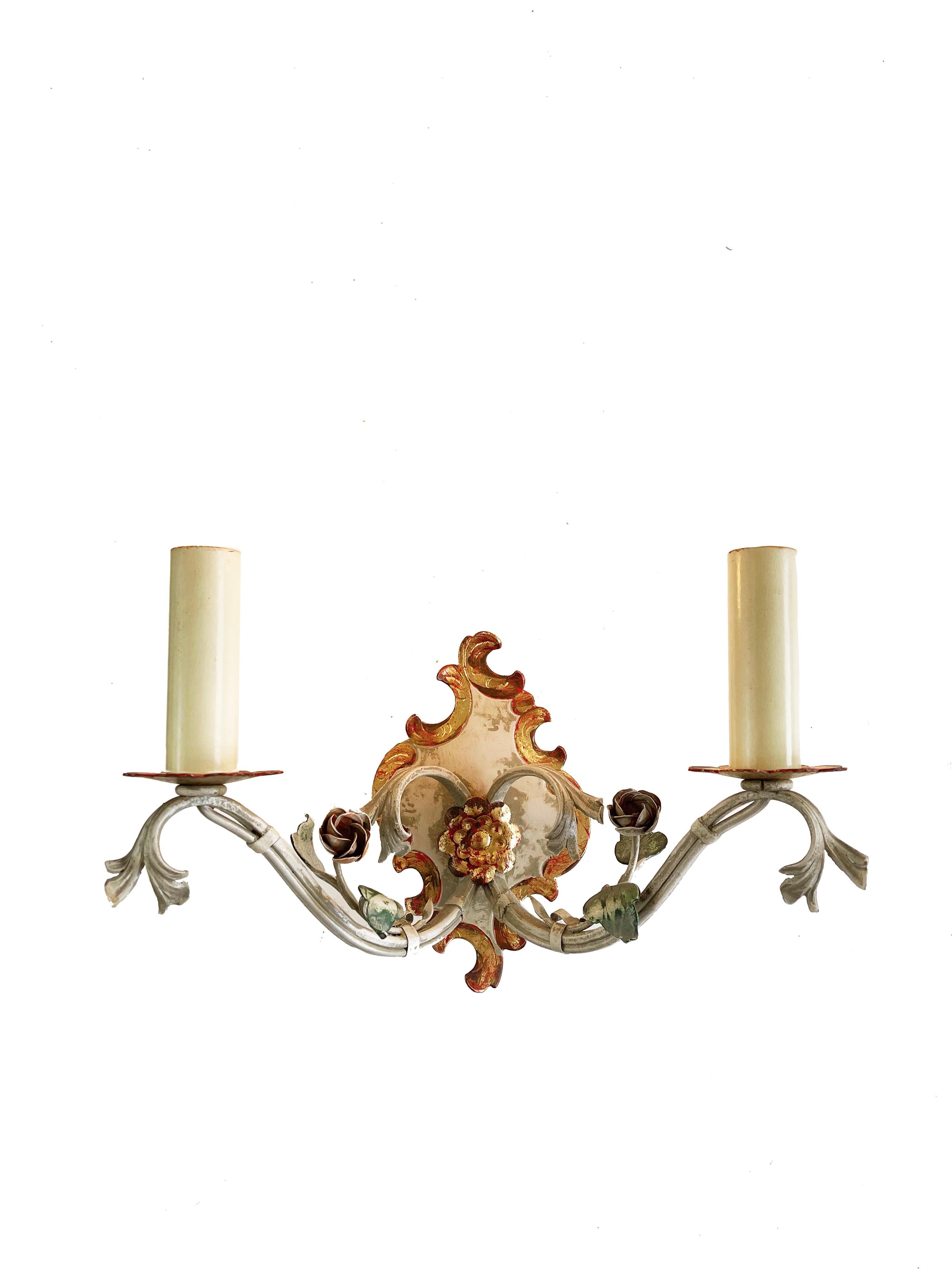 Hand-Crafted Set of 3 Italian Toleware Wall Lights, Grey, Gold Red Wrought Iron, 1960s For Sale