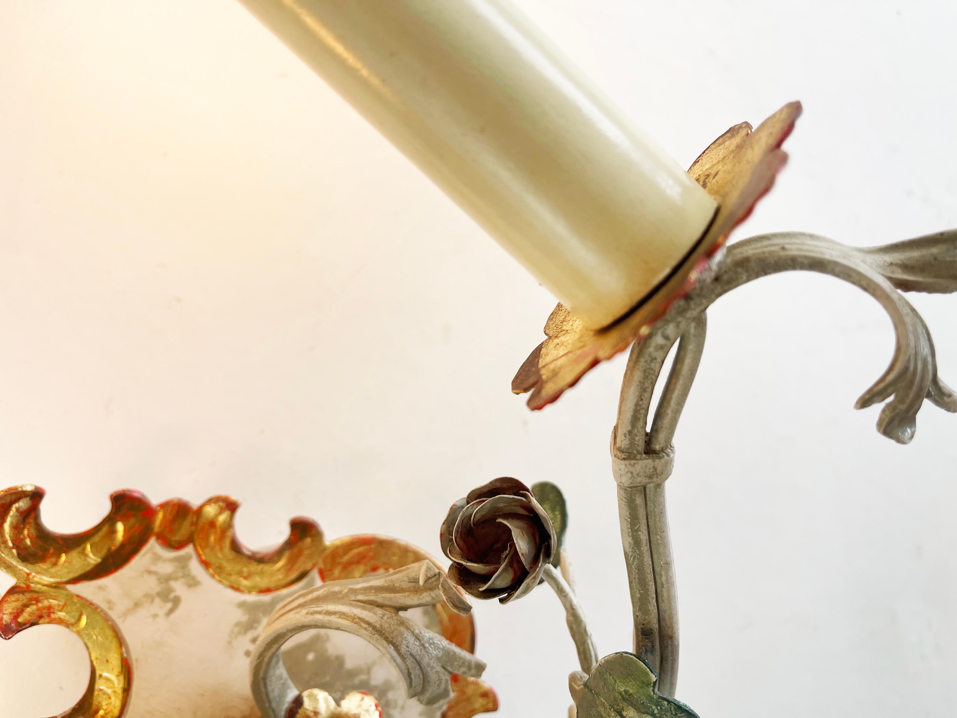Set of 3 Italian Toleware Wall Lights, Grey, Gold Red Wrought Iron, 1960s In Good Condition For Sale In Andernach, DE