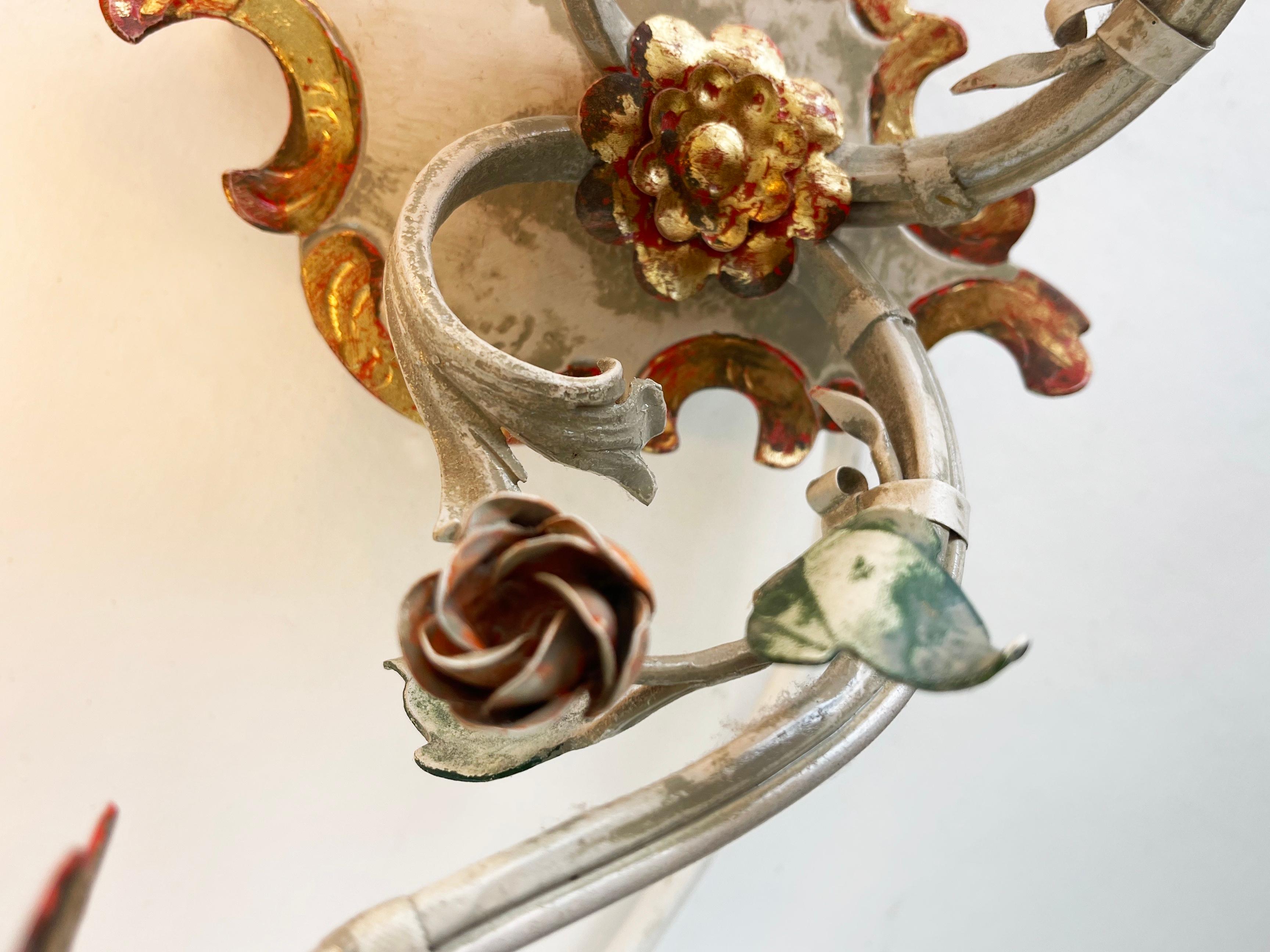 18th Century Set of 3 Italian Toleware Wall Lights, Grey, Gold Red Wrought Iron, 1960s For Sale
